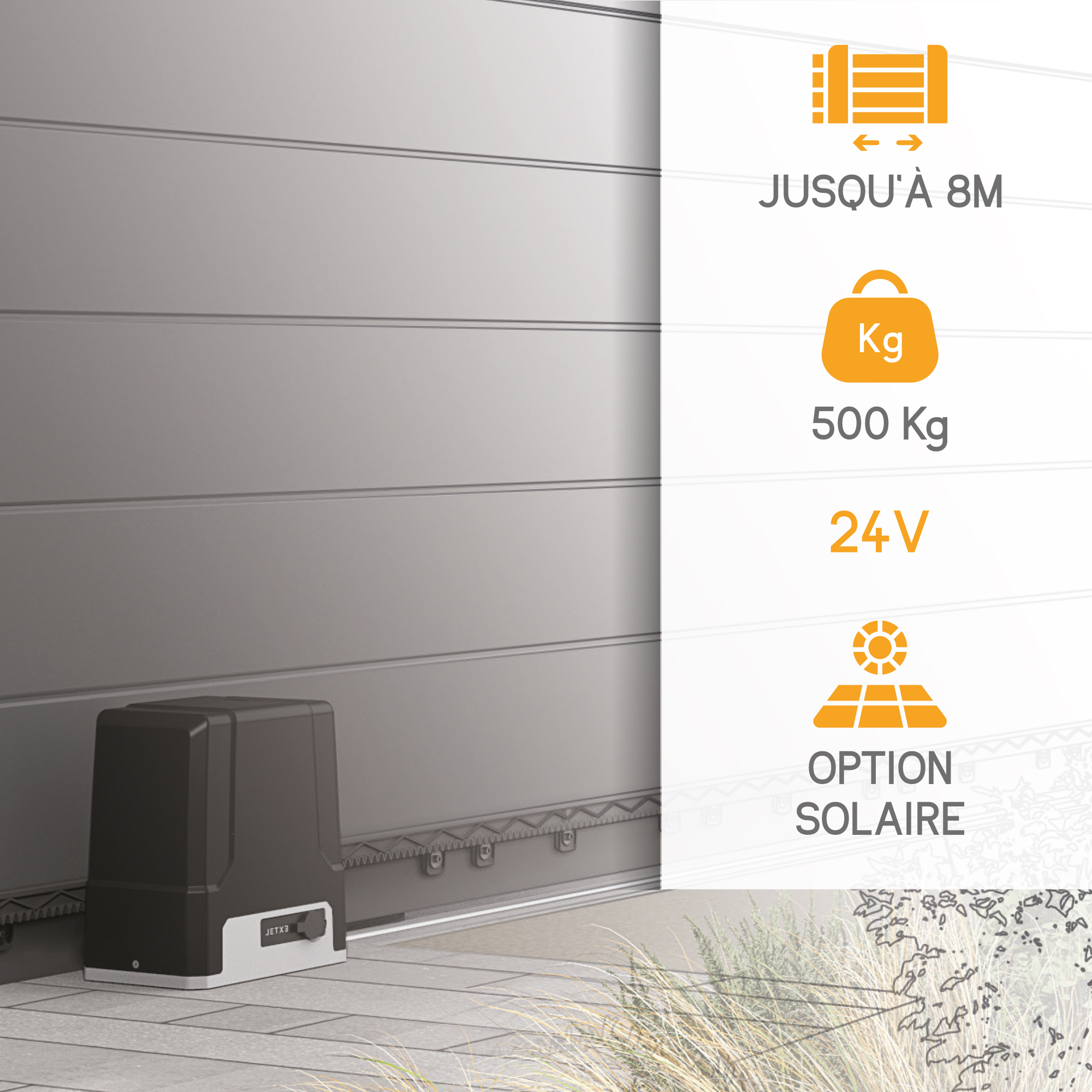 Motor de puerta automatizado con especificaciones: 8m máx., 500kg, 24V y opción solar.