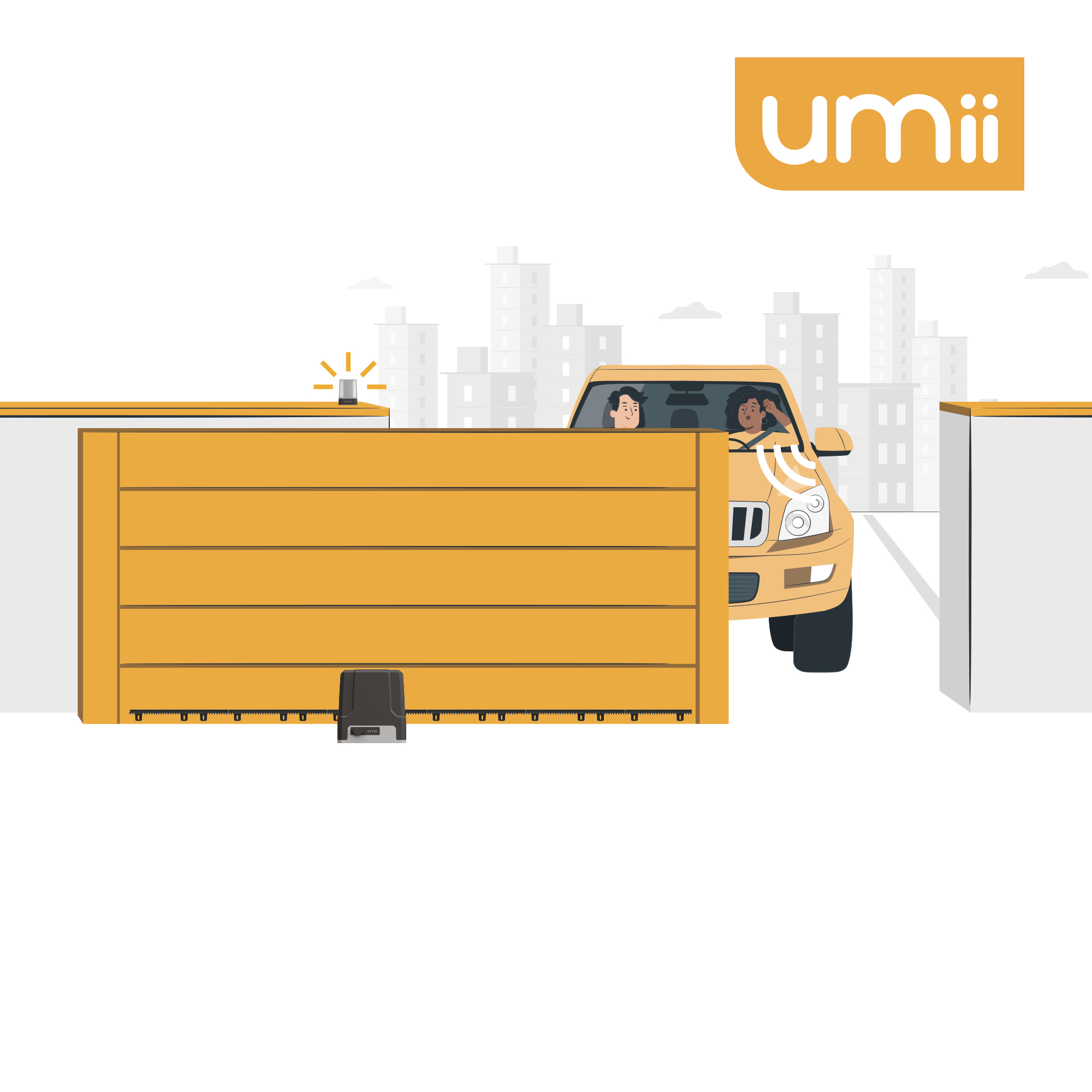 Un coche naranja saliendo por una puerta amarilla, con el logo 'umii' arriba.
