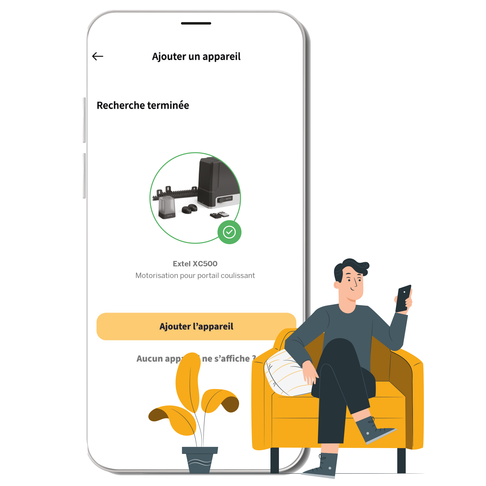 Un hombre en un sofá usando un teléfono con una aplicación en la pantalla que muestra un abrepuertas y una marca de verificación.