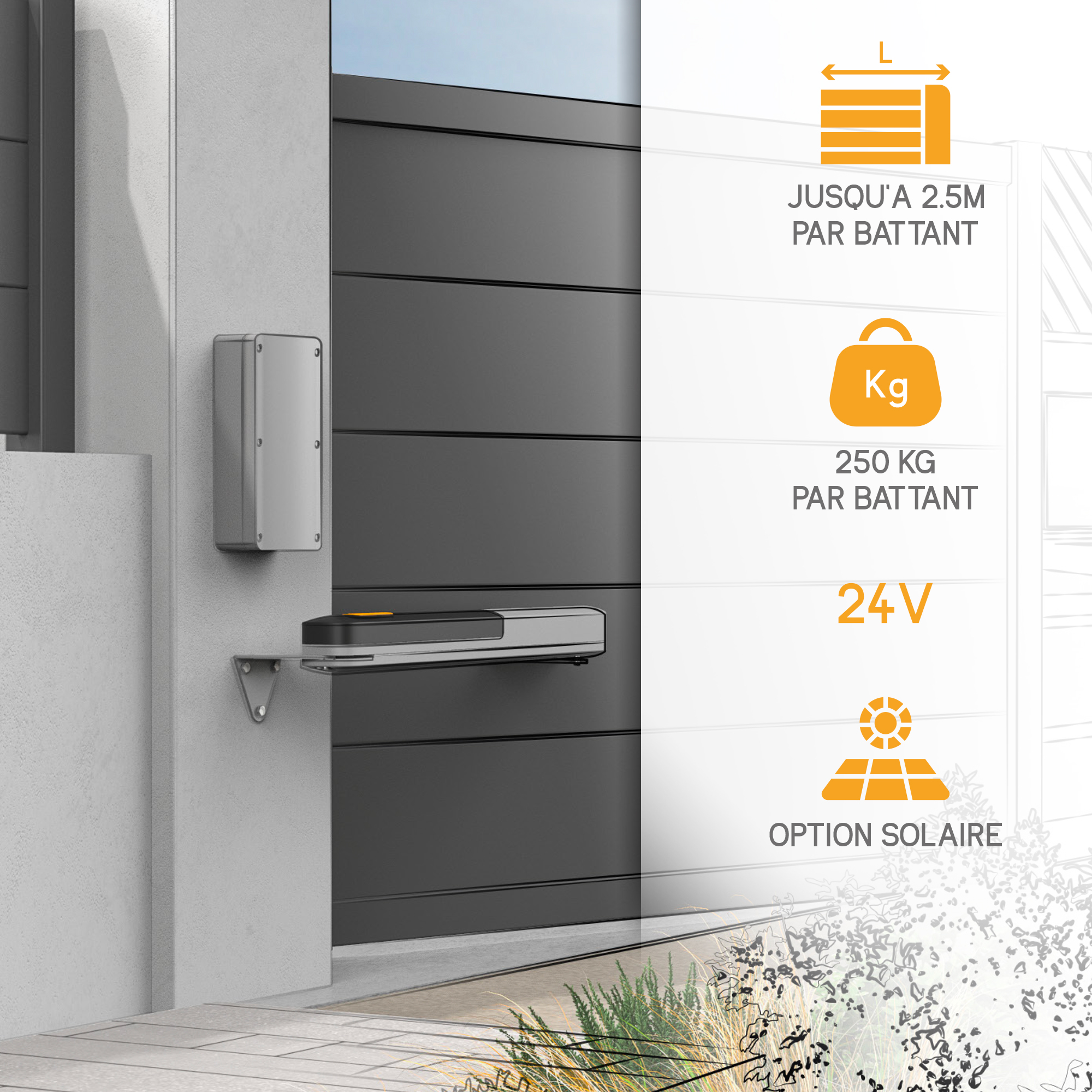 Motor de puerta automatizado con especificaciones: 2,5m máx., 250kg, 24V y opción solar.