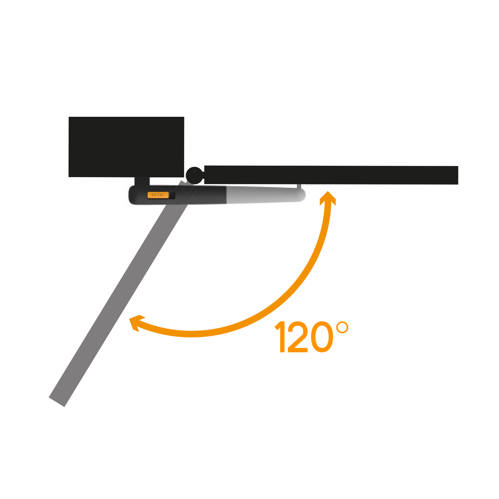 Diagrama que muestra un escritorio con un monitor y una pata de soporte en ángulo de 120 grados.