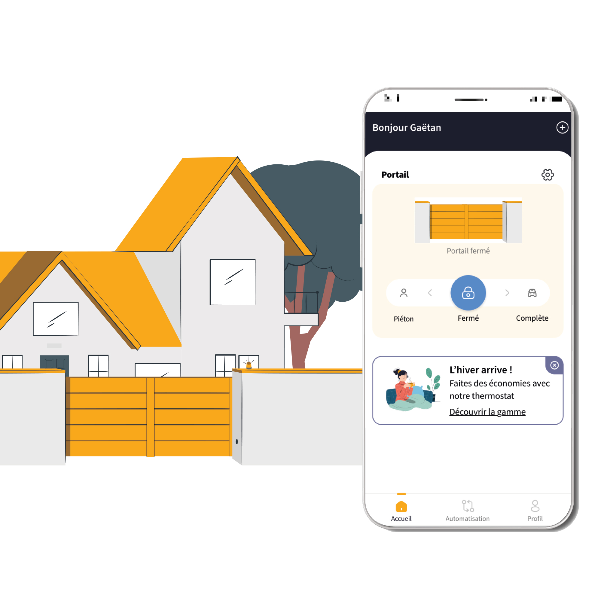 Interfaz de la aplicación para smartphone que muestra una puerta cerrada con un icono de candado y oferta de invierno.