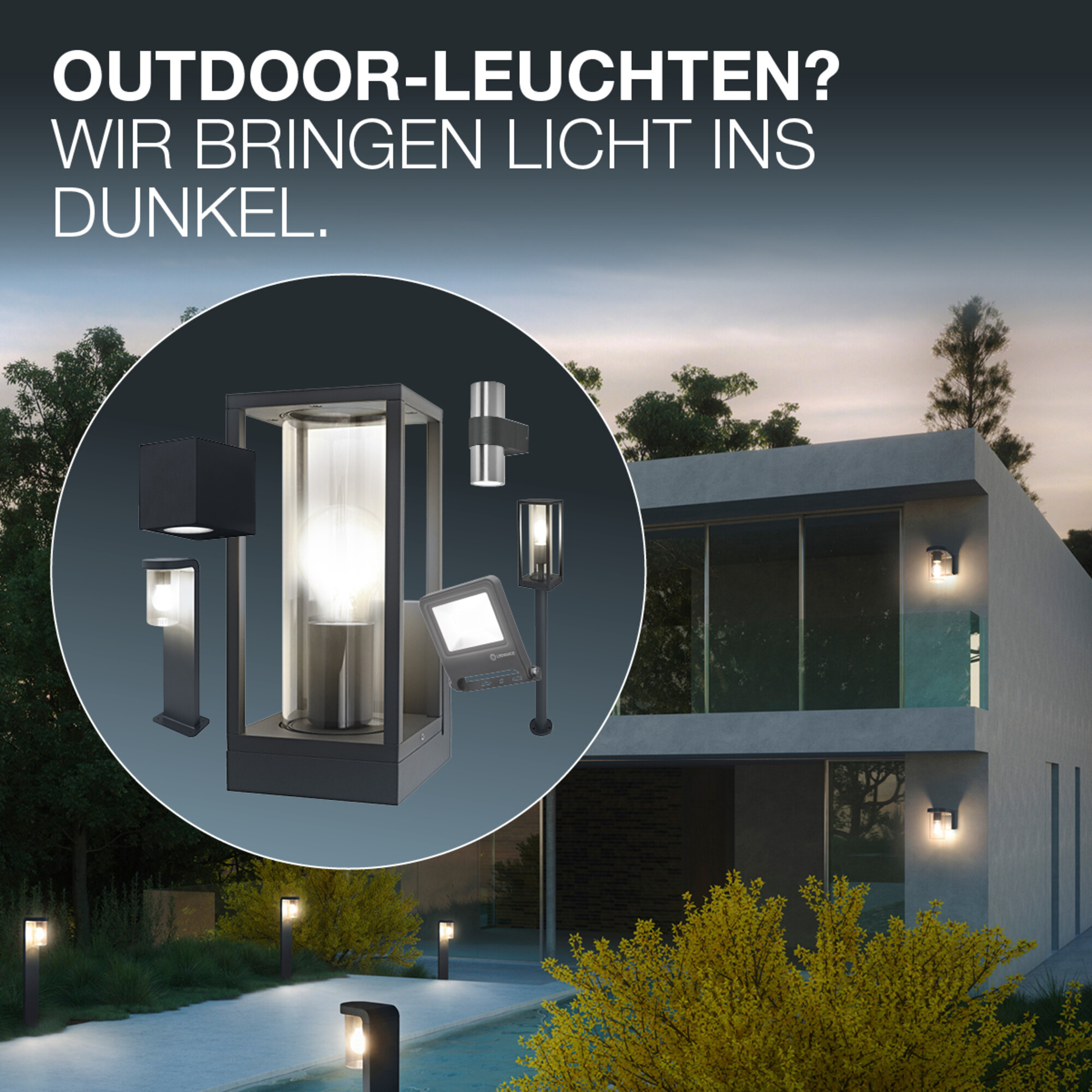 Eine Außenansicht mit verschiedenen modernen Außenleuchten, die ein Haus und die umliegende Landschaft in der Abenddämmerung beleuchten.