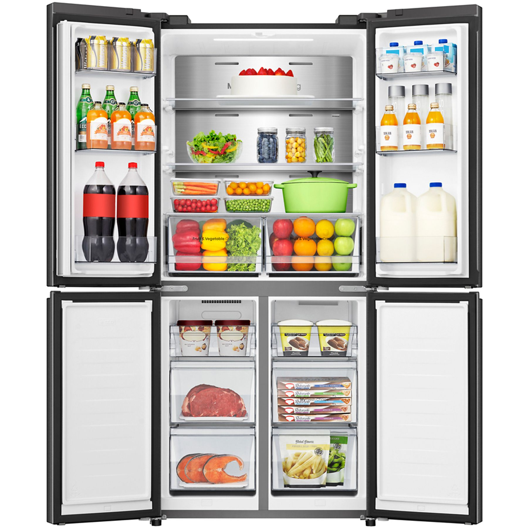 Duża, czarna lodówka z otwartymi drzwiami, wypełniona jedzeniem i napojami na półkach.