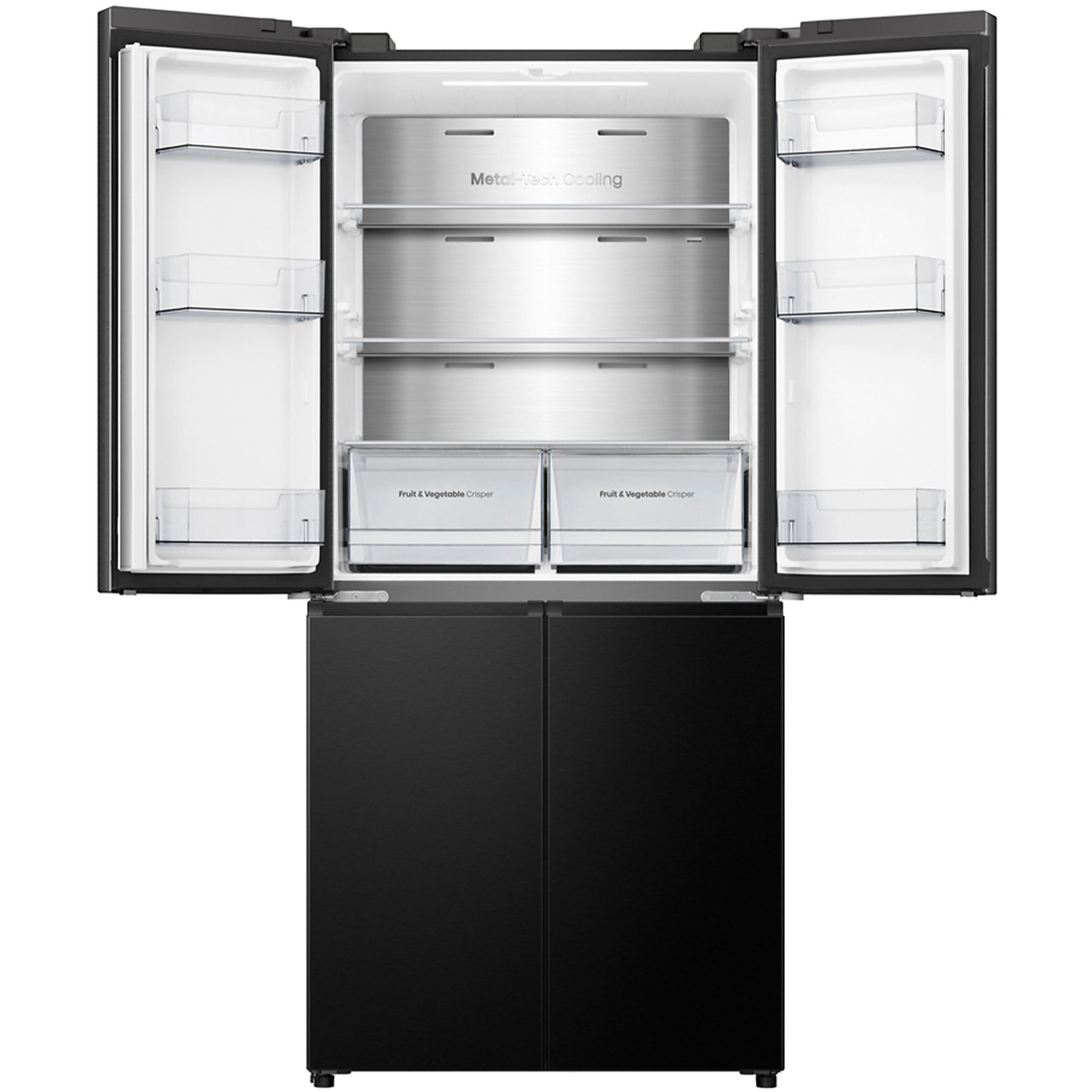 Czarna lodówka z otwartymi drzwiami. Wnętrze widoczne z półkami i szufladami.