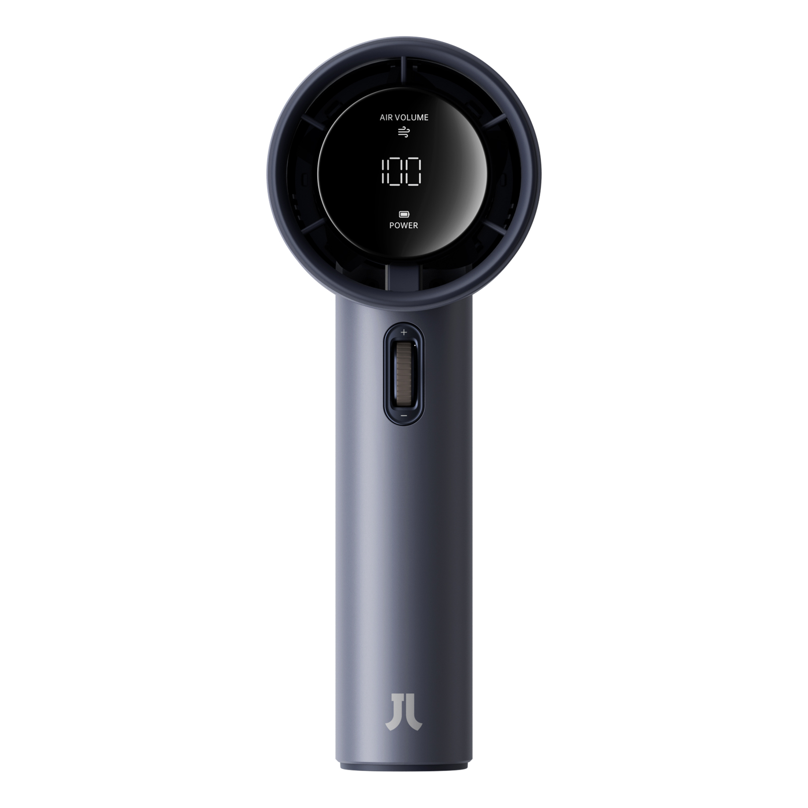 Un mini ventilatore grigio con display digitale e pulsante di accensione. La ventola è mostrata frontalmente.