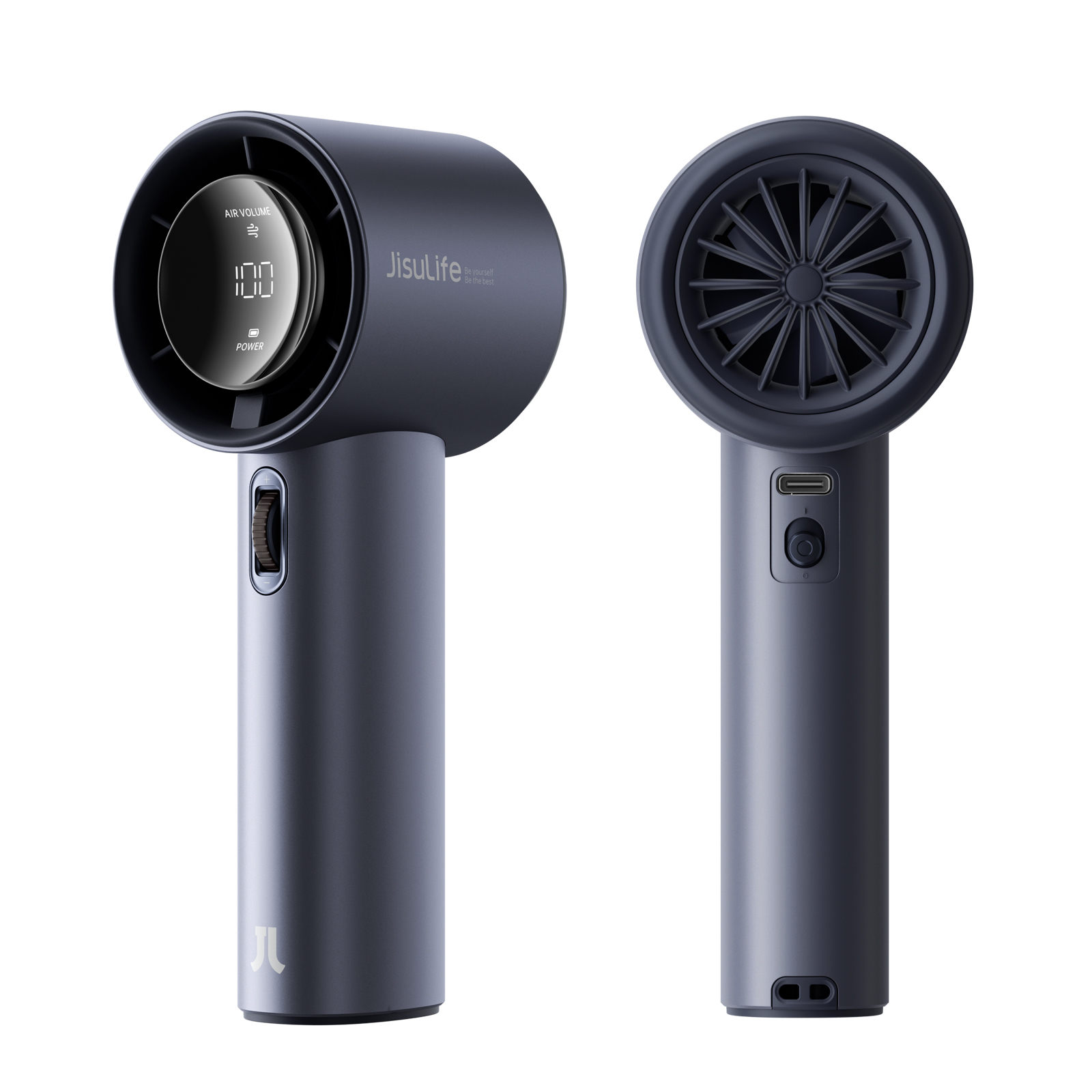 Un mini ventilatore grigio con display digitale è mostrato davanti e dietro, con una porta USB.