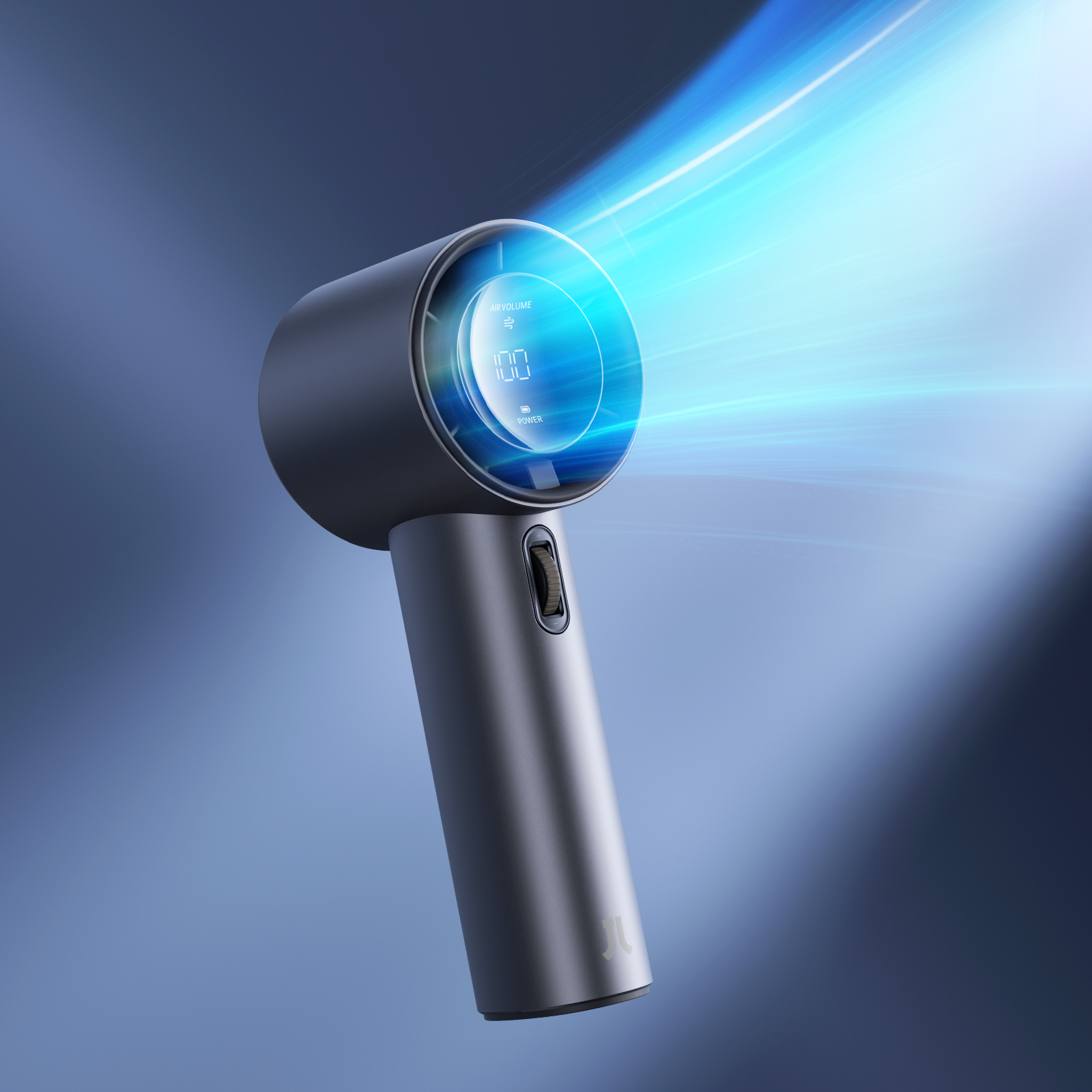 Un mini ventilatore grigio viene visualizzato, emettendo un flusso d'aria blu chiaro. Il ventilatore ha uno schermo digitale.