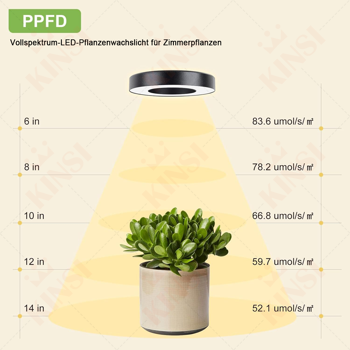 Eine Pflanze in einem Topf wird von einem kreisförmigen LED-Licht beleuchtet. Messungen und Text sind auf dem Bild.