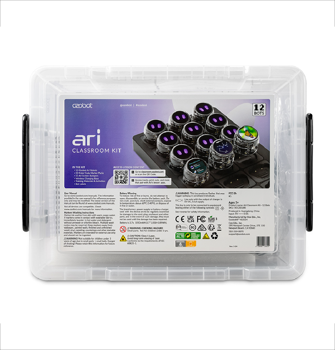 A clear plastic box with robots, a booklet, and other educational materials. It is on a white surface.