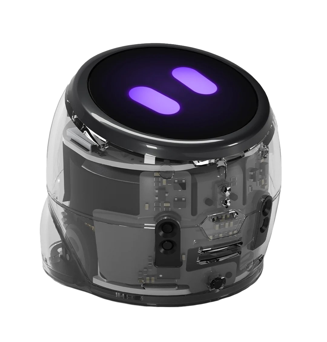 A close up of a clear robot. The robot has two purple lights and is on a black background.
