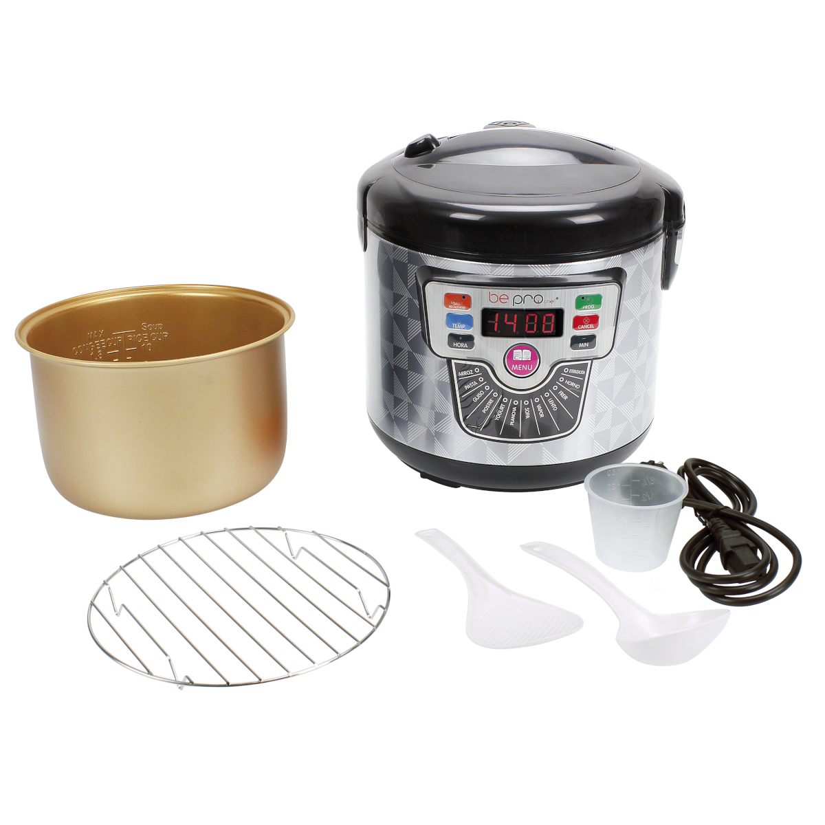 Una olla a presión eléctrica con accesorios: una olla dorada, una parrilla, dos cucharas, una taza medidora y un cable de alimentación.