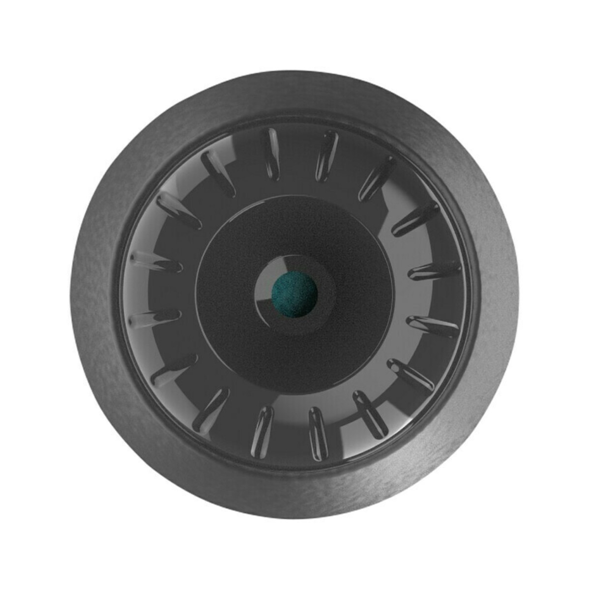 Ein schwarzes Spülsieb mit einem kleinen grünen Ball in der Mitte, auf weißem Grund.
