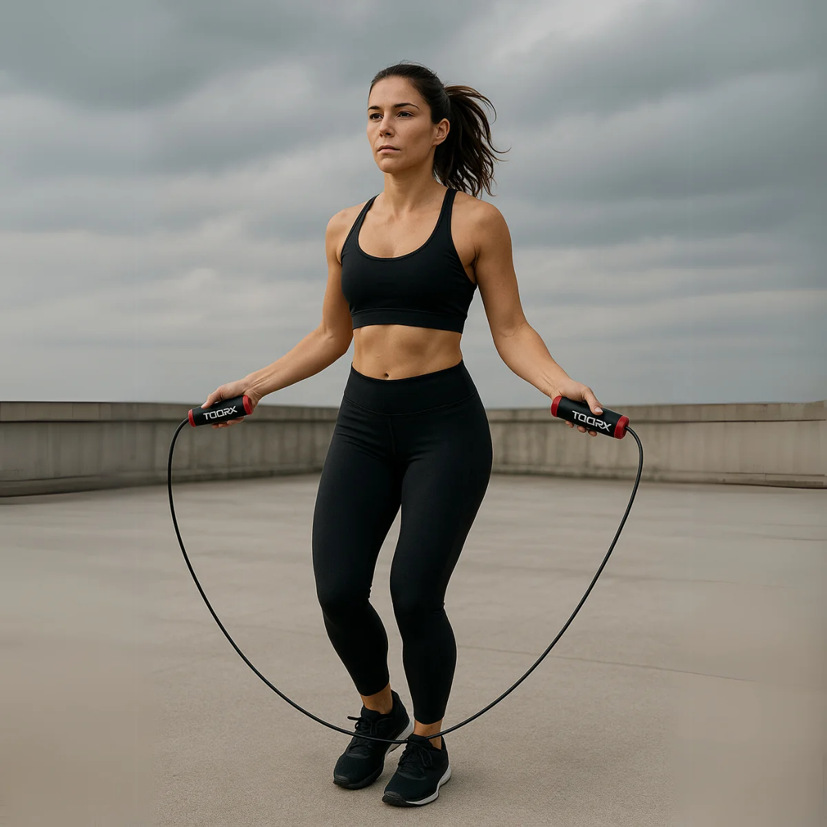 Femme en tenue de sport noire sautant à la corde sur un toit-terrasse avec un ciel nuageux.