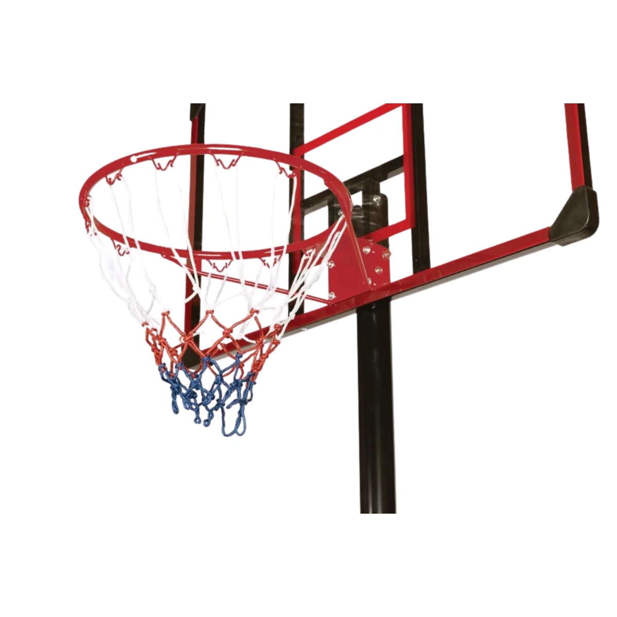 Close-up of a basketball hoop showing the red rim, net, and backboard structure.