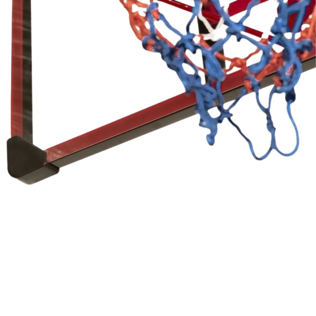 Close-up of a basketball hoop showing the red backboard and net with blue and red detail.