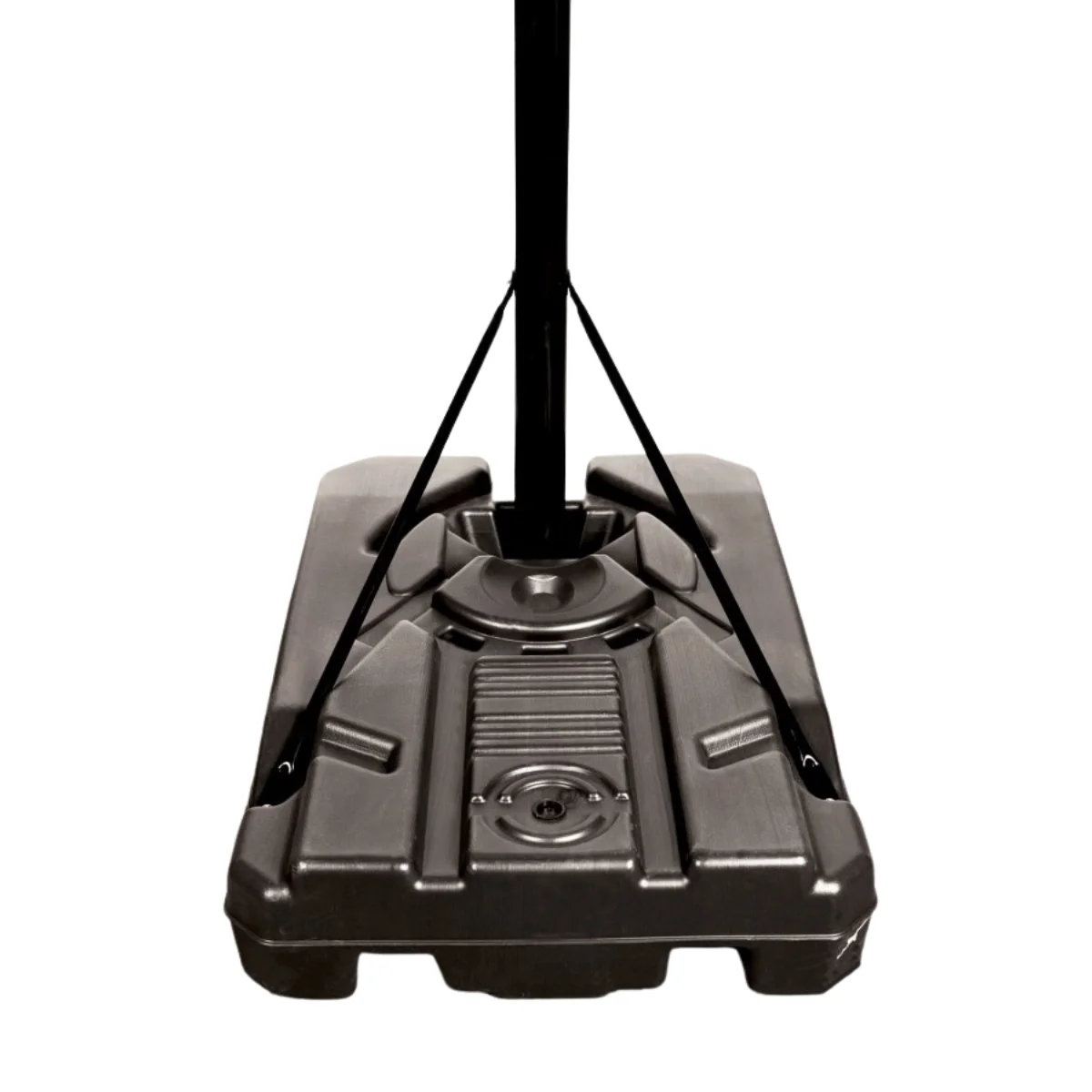 The base of a basketball hoop, a large black plastic container, with supporting arms.
