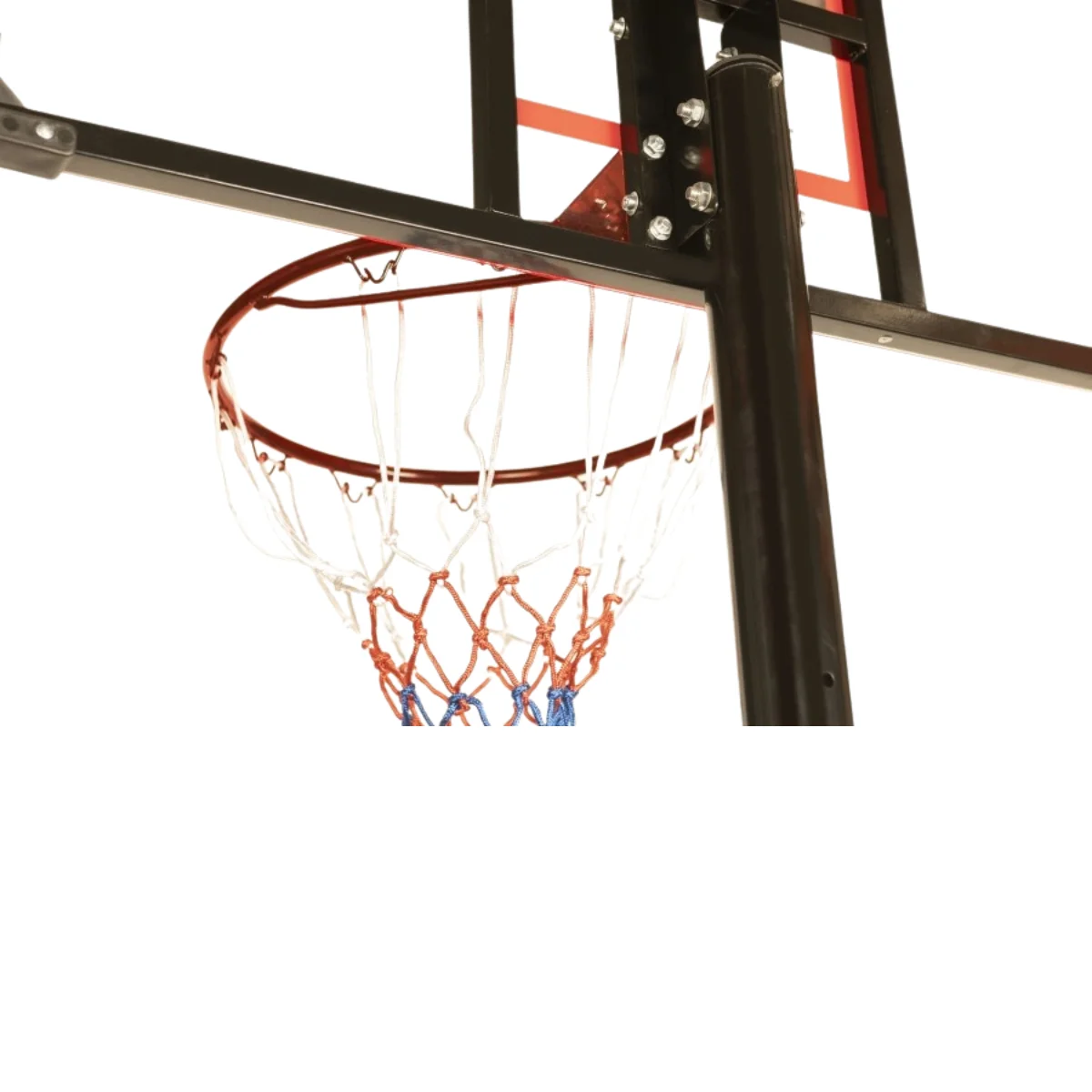 Basketball hoop showing the red rim, net, and backboard structure against a white background.