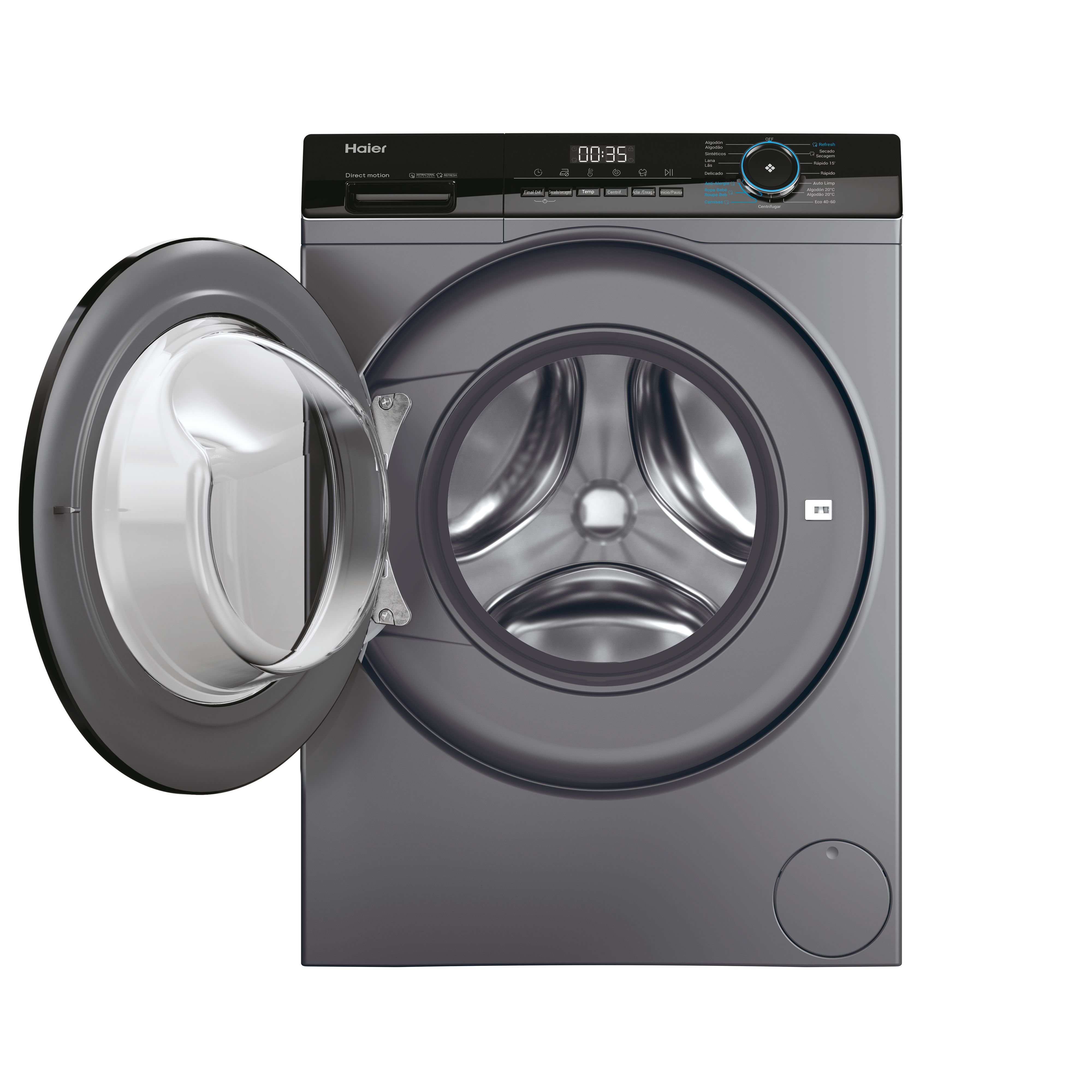 Una lavadora que muestra el panel de control, con una pantalla digital y un dial, fondo blanco.