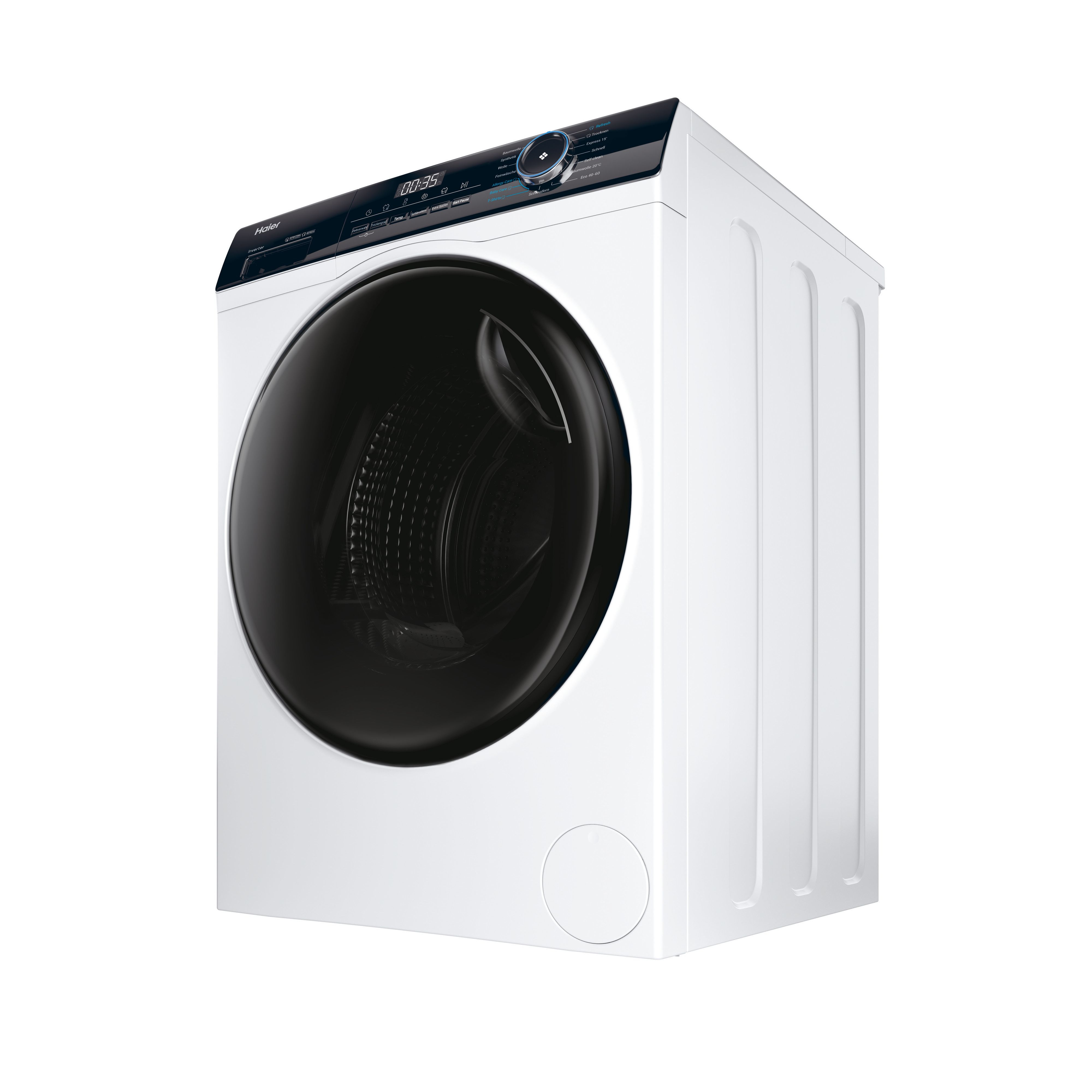 Eine weiße Haier Waschmaschine mit schwarzer Tür ist auf weißem Hintergrund abgebildet.