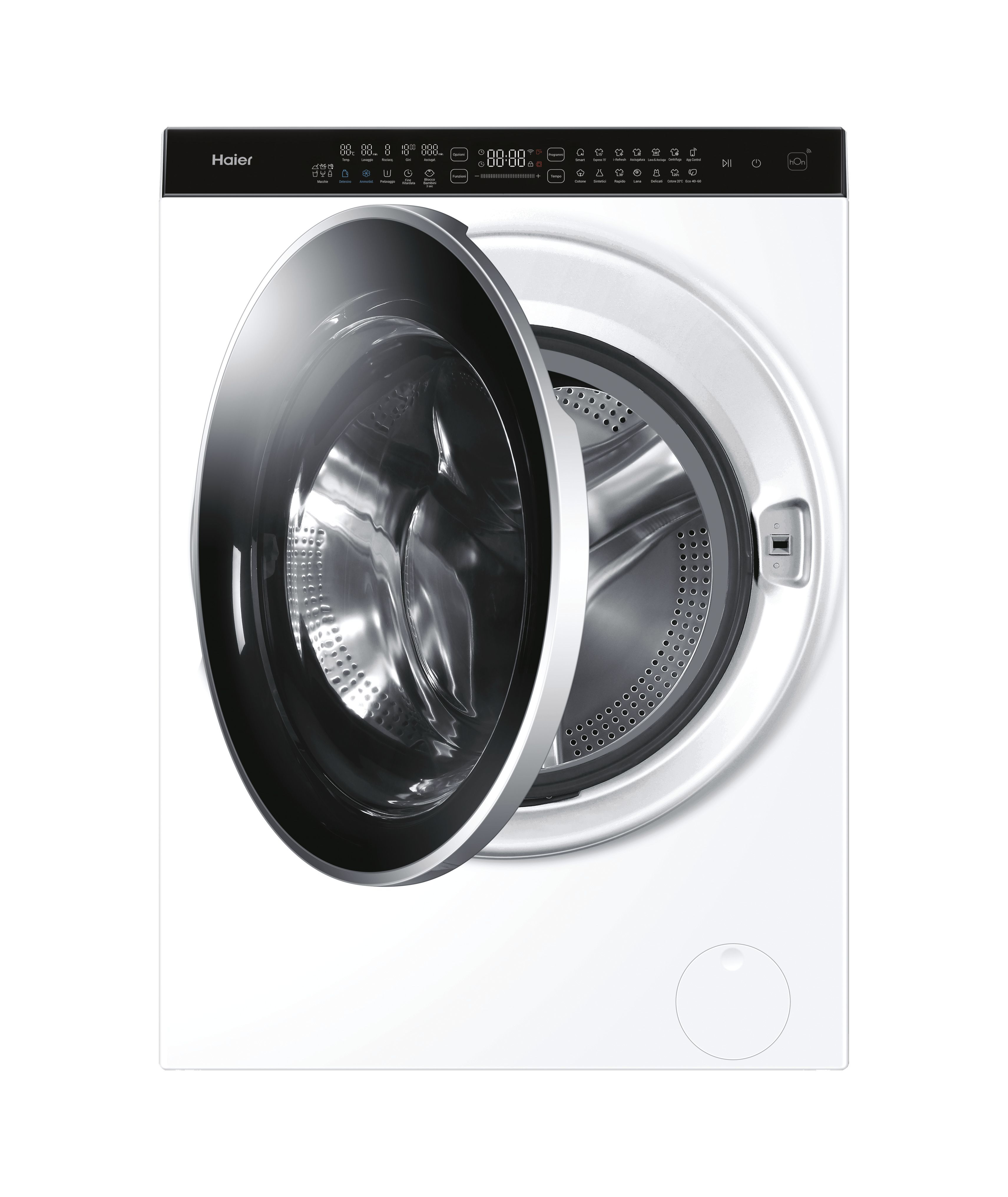 Eine weiße Haier Waschmaschine mit offener Tür ist auf weißem Hintergrund abgebildet.