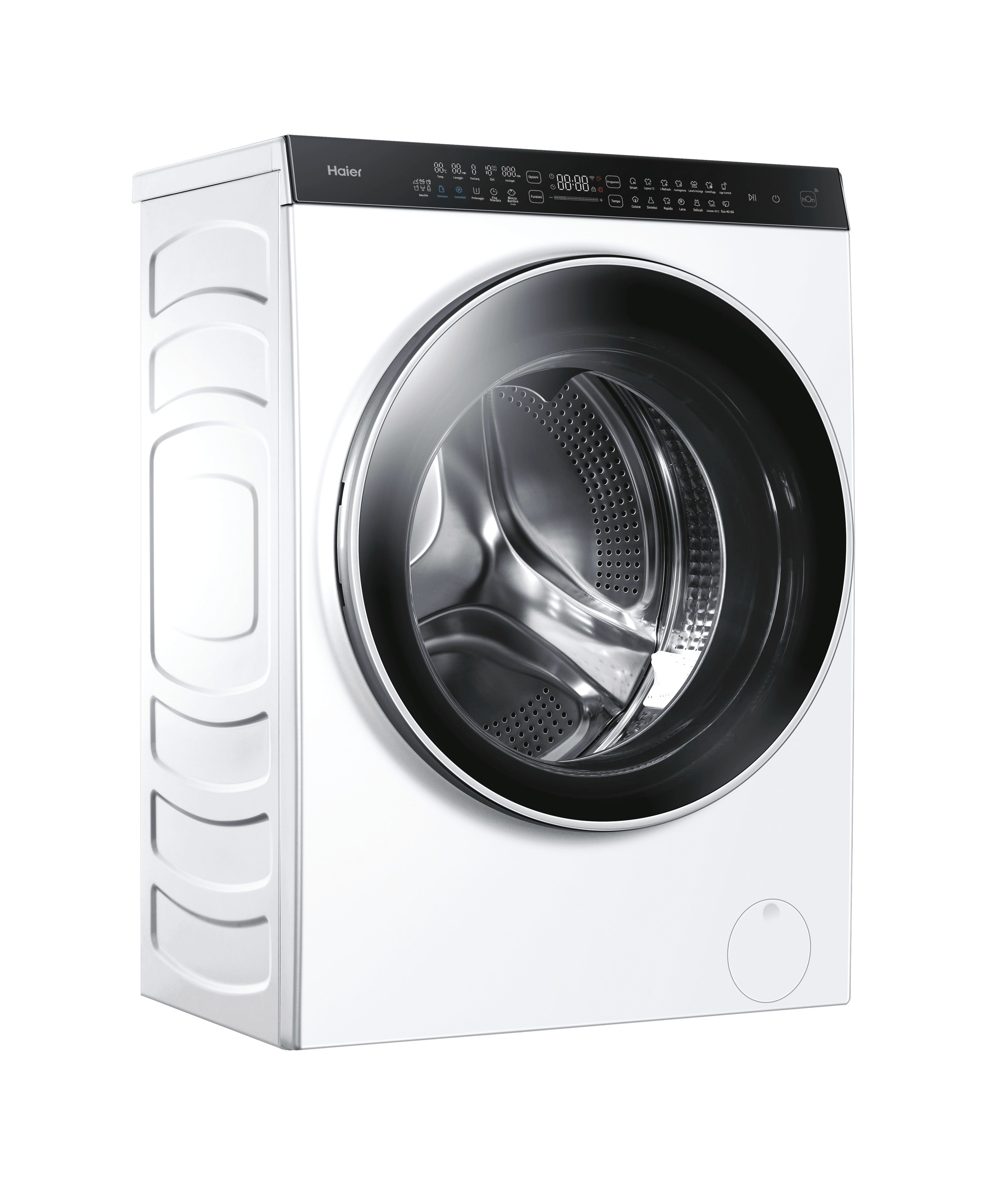 Eine weiße Haier Waschmaschine ist auf weißem Hintergrund abgebildet.