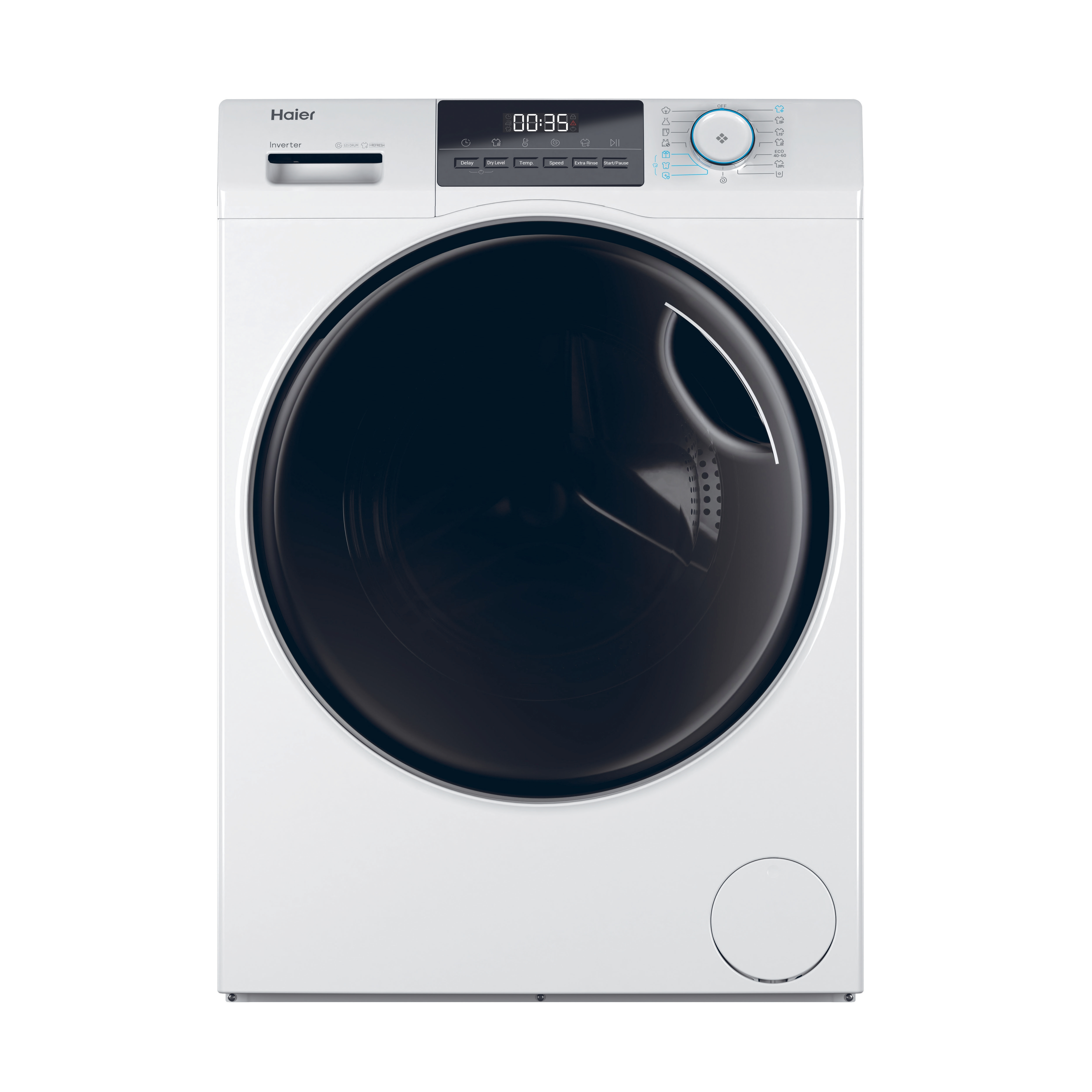 Lavatrice Haier bianca con porta nera, display digitale e pannello di controllo con varie opzioni.