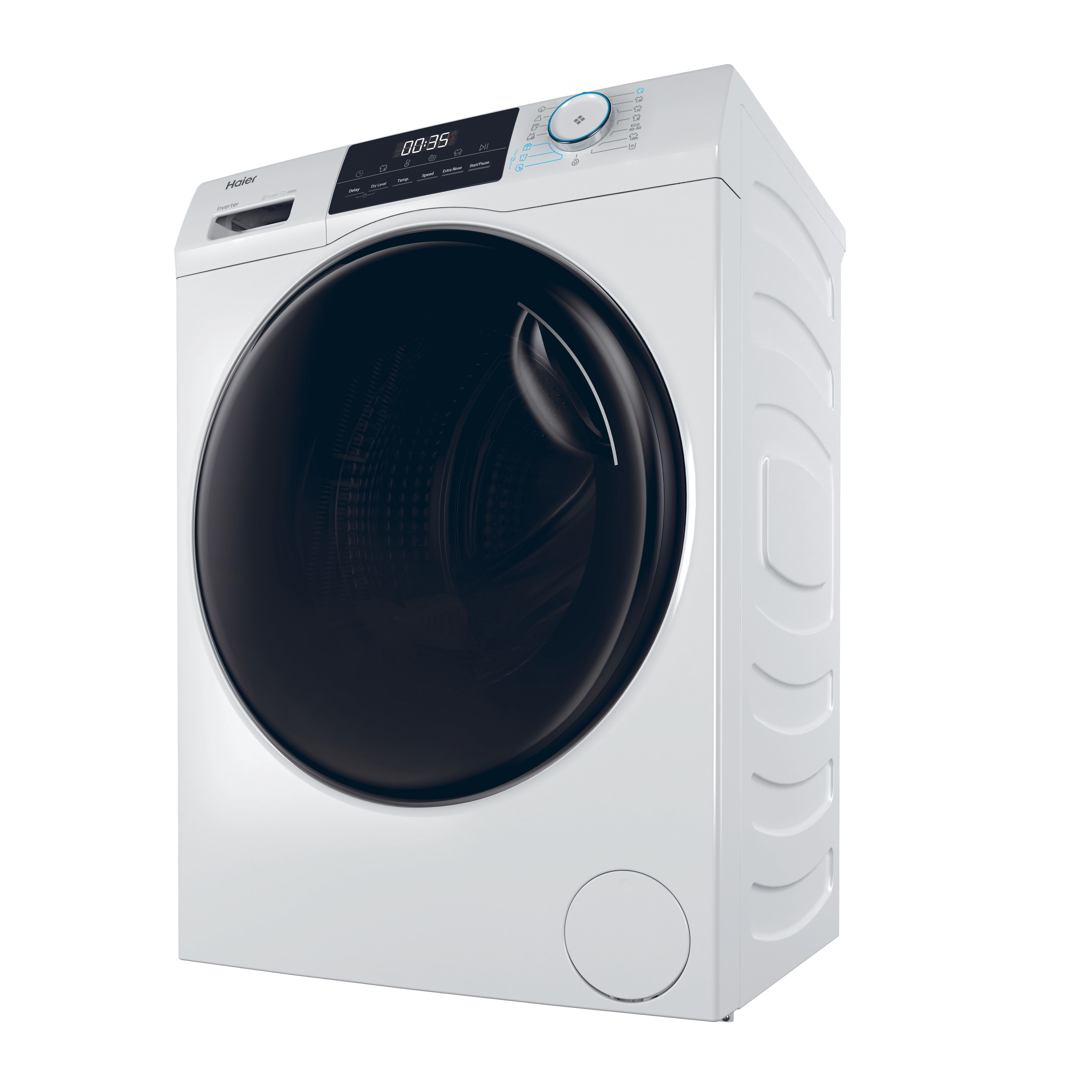 Una lavatrice Haier bianca con porta nera e display digitale, leggermente angolata lateralmente.