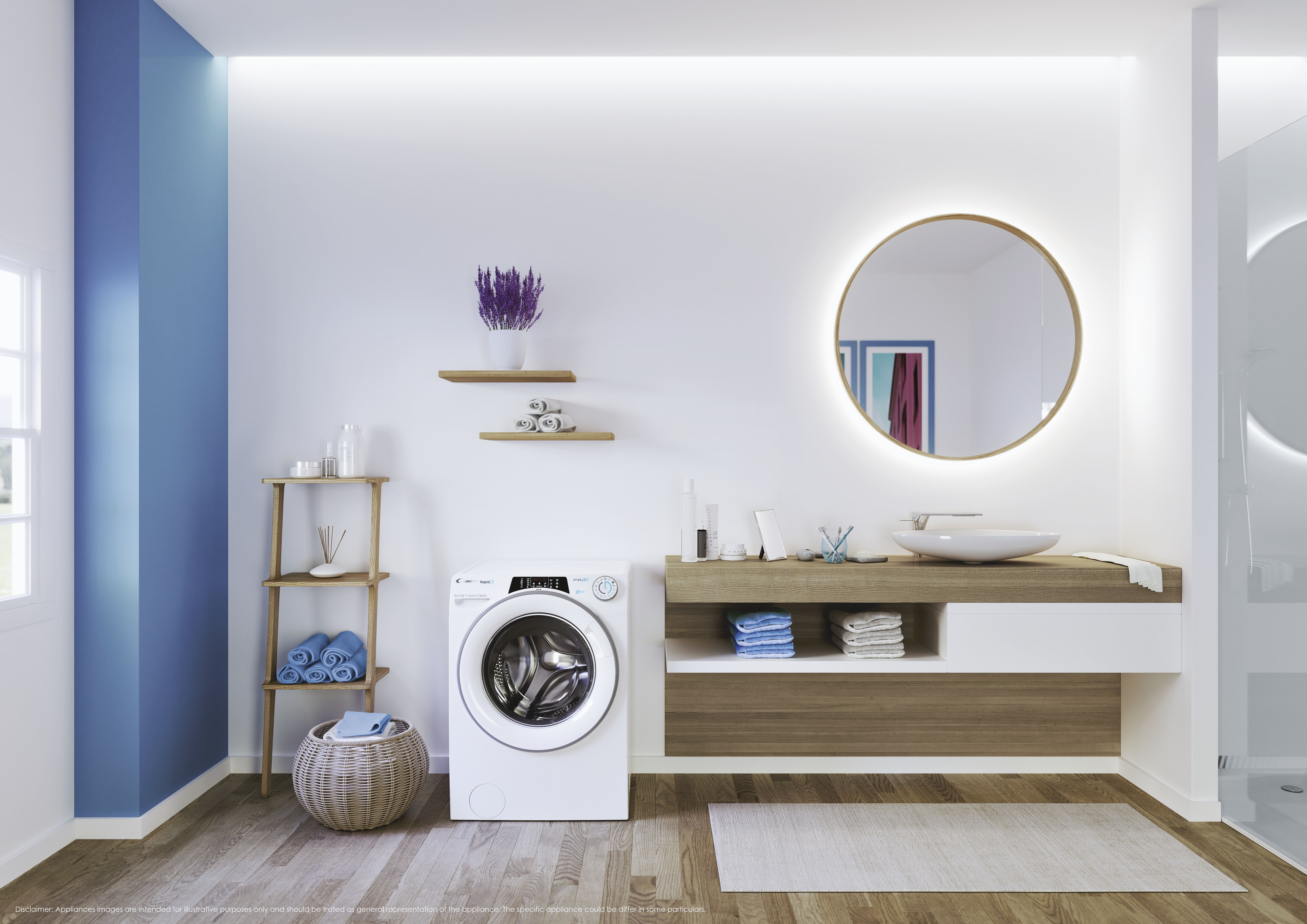 Badezimmer-Szene. Eine weiße Waschmaschine steht neben einem Weidenkorb mit Handtüchern.