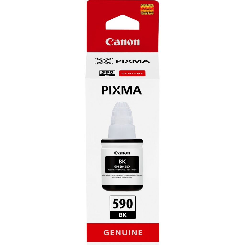 Canon Pixma inktcartridge in de originele verpakking. De fles is wit en zwart.