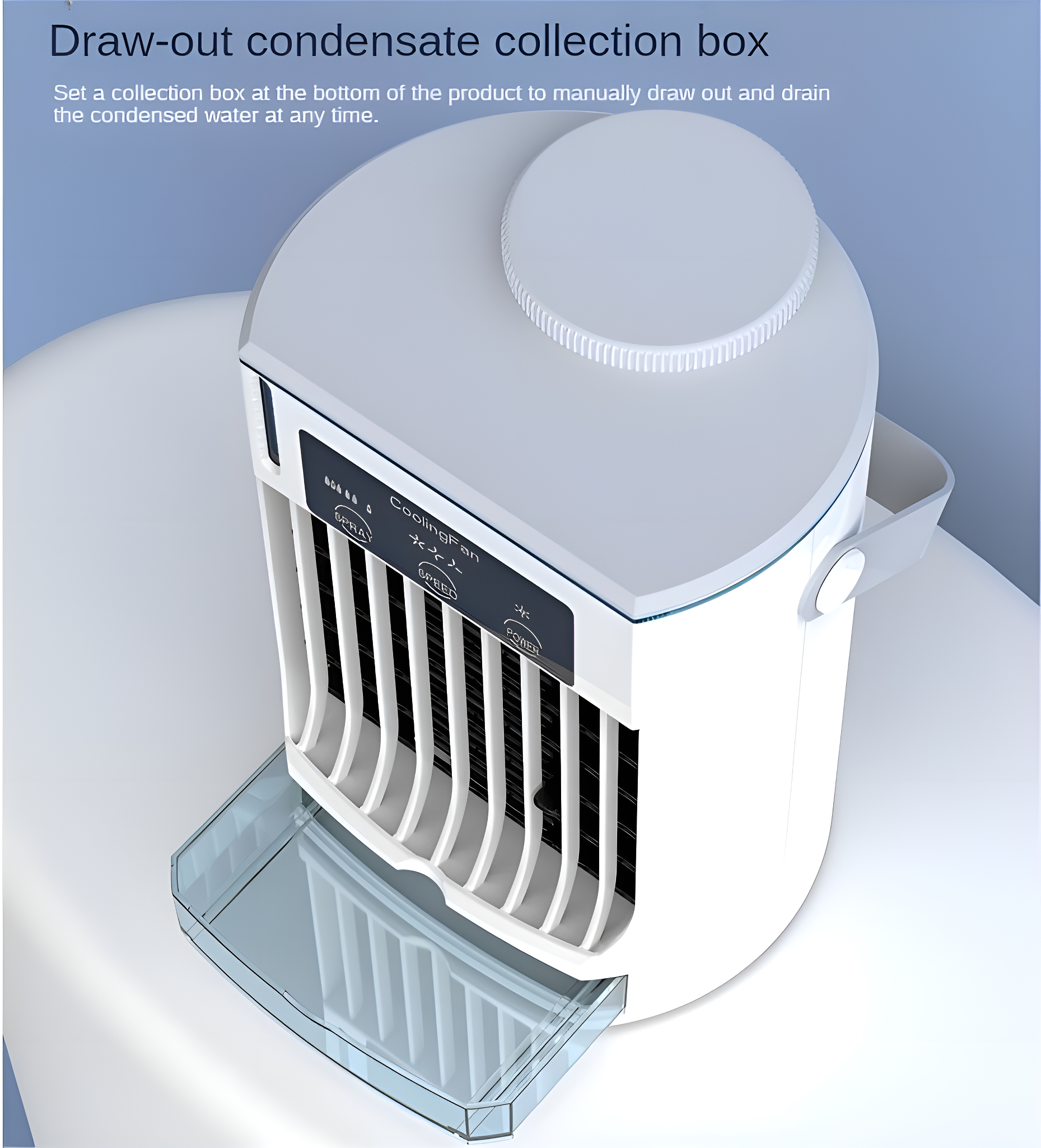 Ein weißer und grauer Luftkühler auf einem weißen Tisch. Er hat eine Wasserauffangschale.