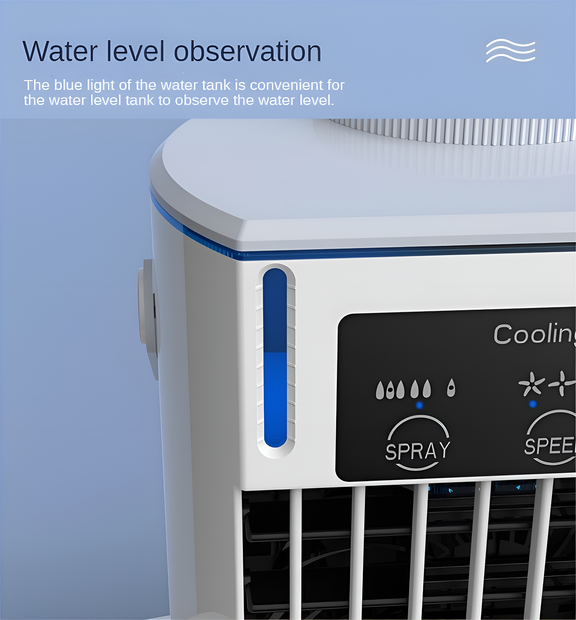 Ein weiß-blauer Luftkühler mit der Wasserstandsanzeige.