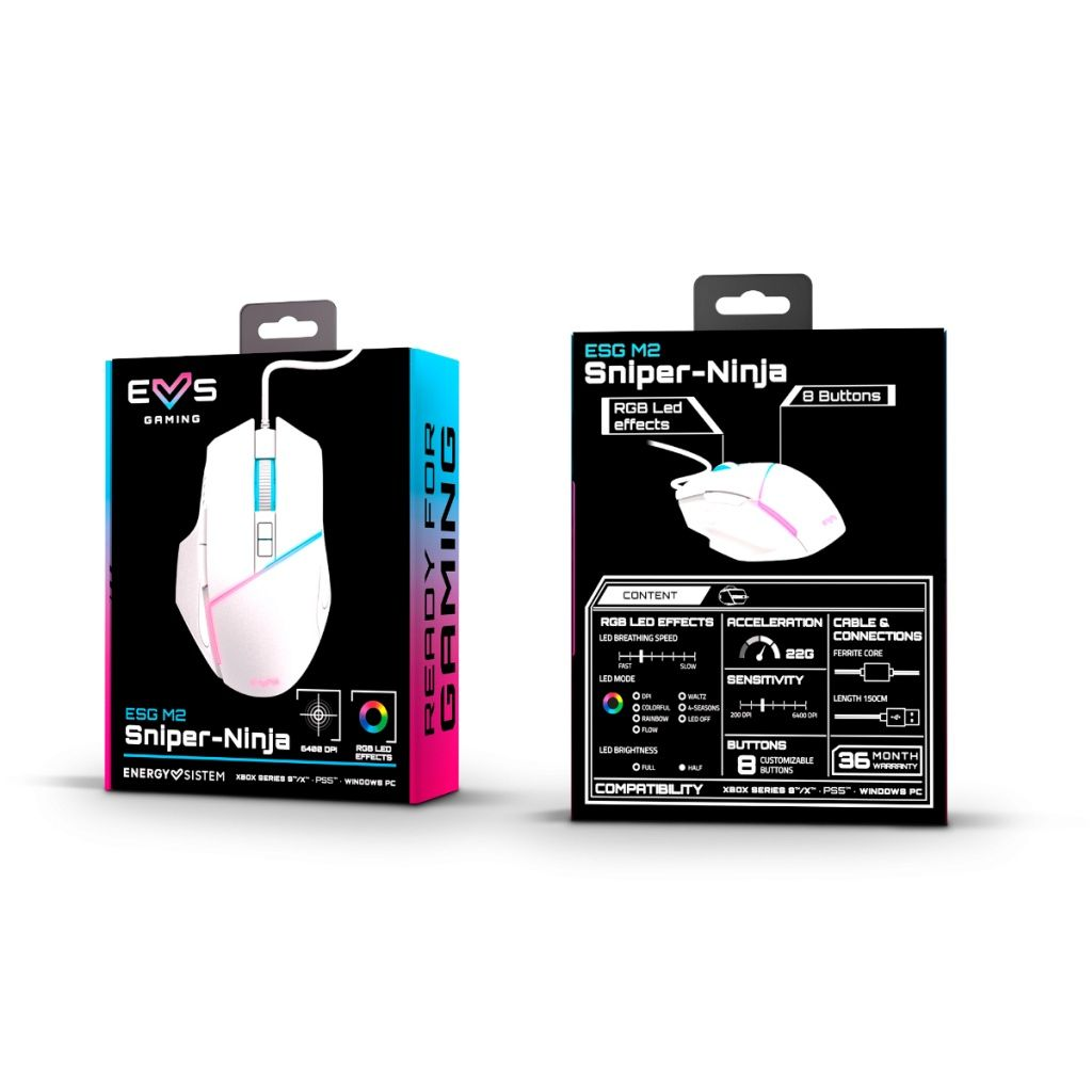 Due scatole del mouse da gioco ESG M2 Sniper-Ninja. Il mouse è bianco con luci RGB.