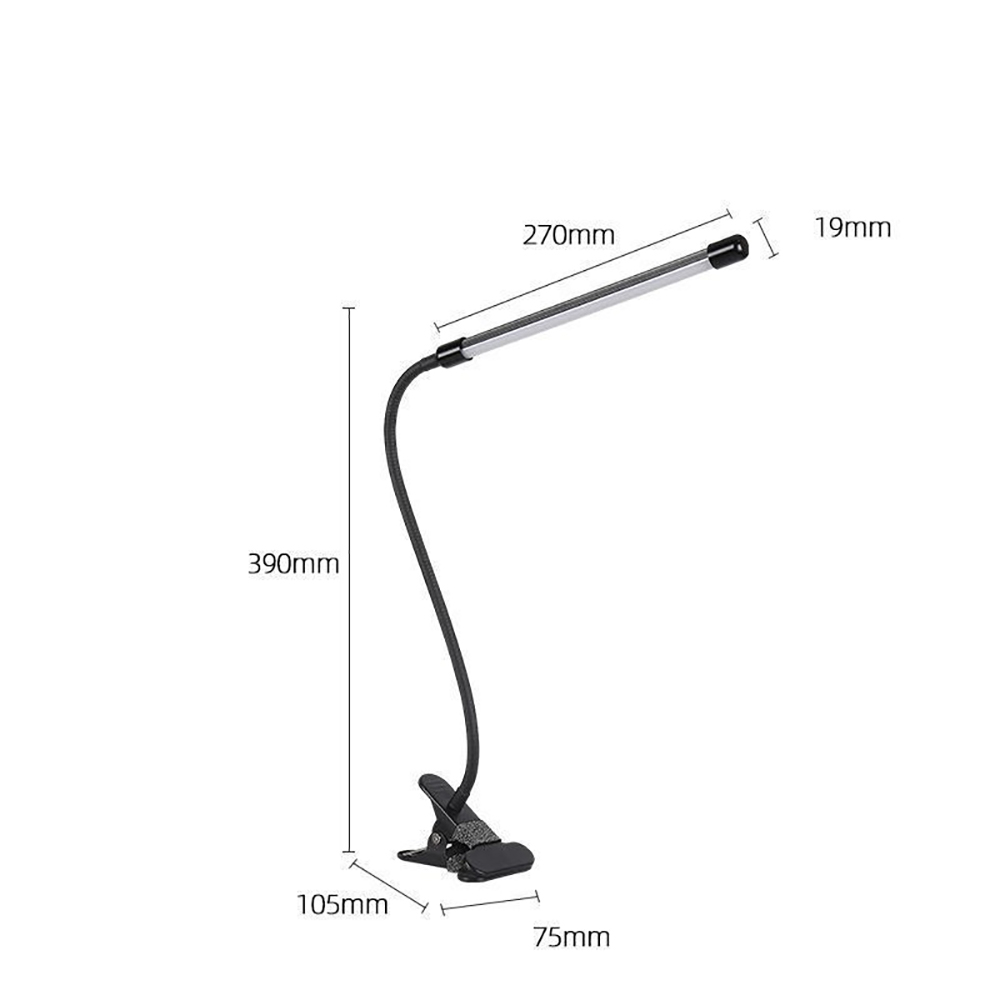 Schwarze Schreibtischlampe mit Abmessungen. Hat einen Clip, einen flexiblen Hals und ein Licht.