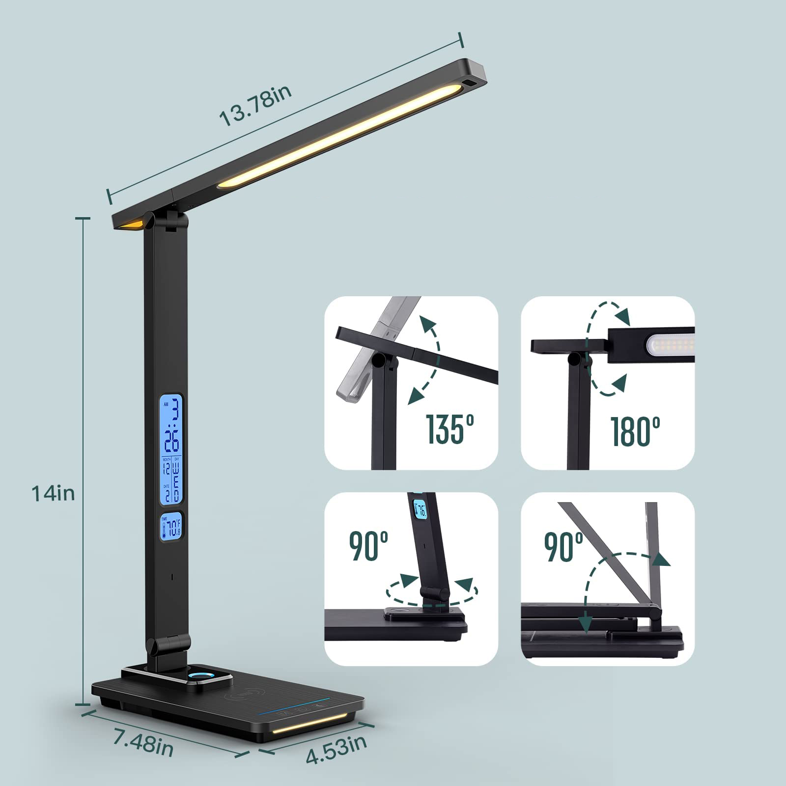 Schwarze Schreibtischlampe mit Digitalanzeige und kabelloser Ladestation. Mehrere Winkeleinstellungen sind dargestellt.
