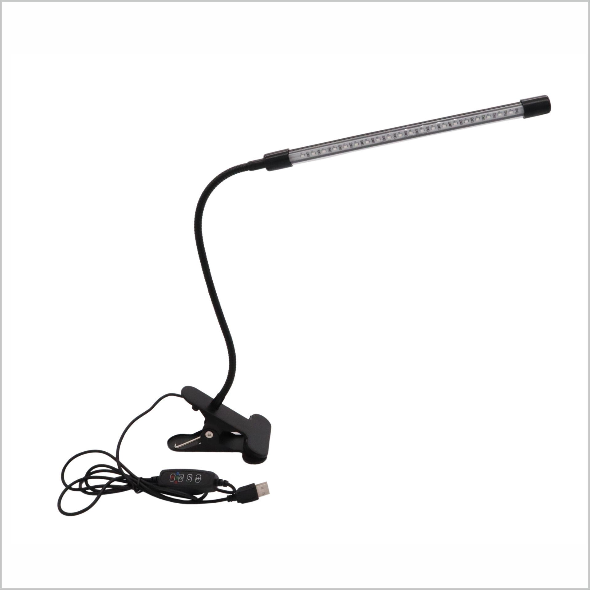 Eine flexible schwarze Schreibtischlampe mit Clip-Basis und einer Reihe von LED-Leuchten. USB-Kabel.