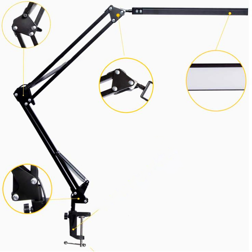 Schwarze, verstellbare Schreibtischlampe mit mehreren Gelenken und Klemmfuß, Detailansichten der Teile.