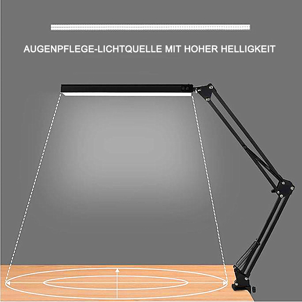 Eine schwarze Schreibtischlampe mit einer langen, horizontalen Lichtquelle.