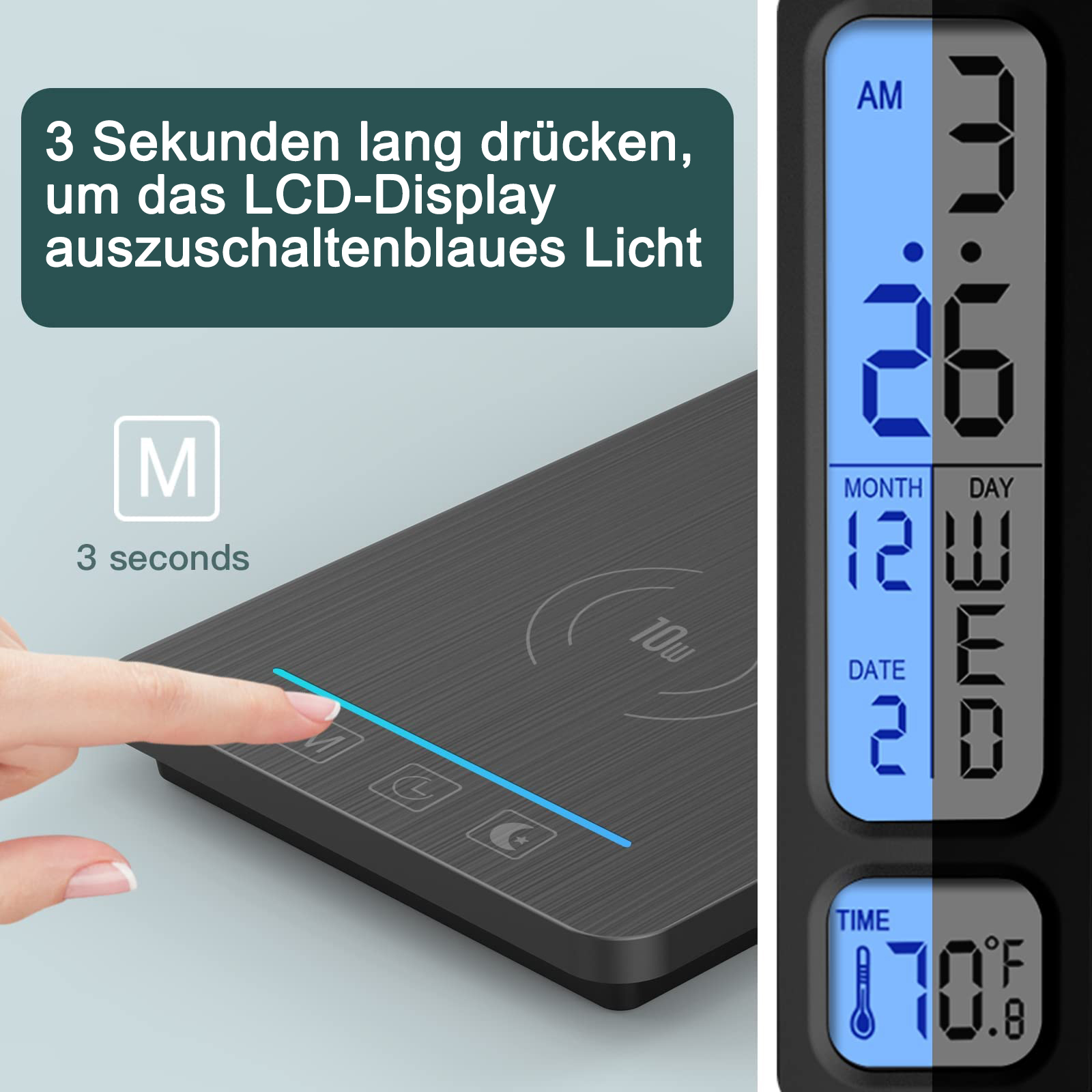 Ein Finger berührt einen Bildschirm mit digitaler Anzeige von Uhrzeit und Datum.