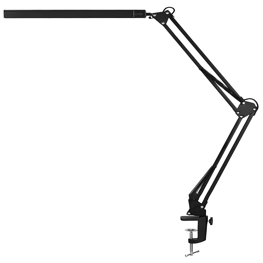 Schwarze, verstellbare Schreibtischlampe mit Klemme, ausgefahrenen Armen und einem langen Lichtbalken.