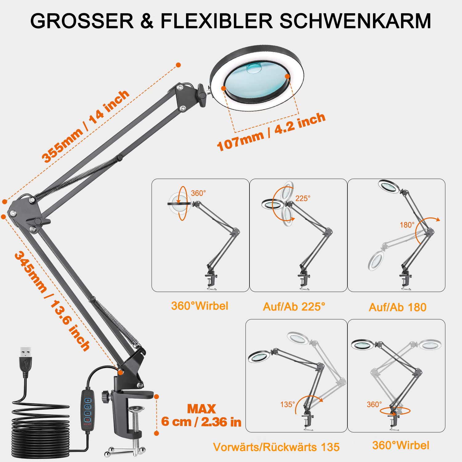 Eine flexible Lupenlampe mit Ringlicht und verstellbarem Arm, mit Messungen und Winkeln.