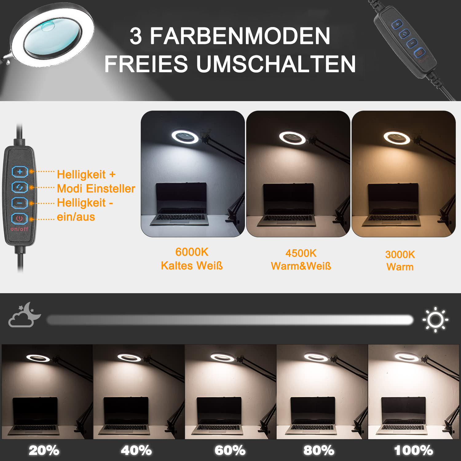 Eine Lupe mit verschiedenen Lichteinstellungen und Helligkeitsstufen. Es zeigt verschiedene Beleuchtungsmodi und Laptops.