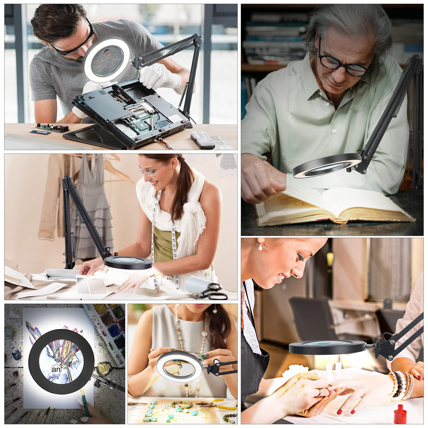 Eine Collage von Personen, die Lupenlampen für detaillierte Arbeiten wie Elektronikreparatur, Lesen und Schmuckherstellung verwenden.