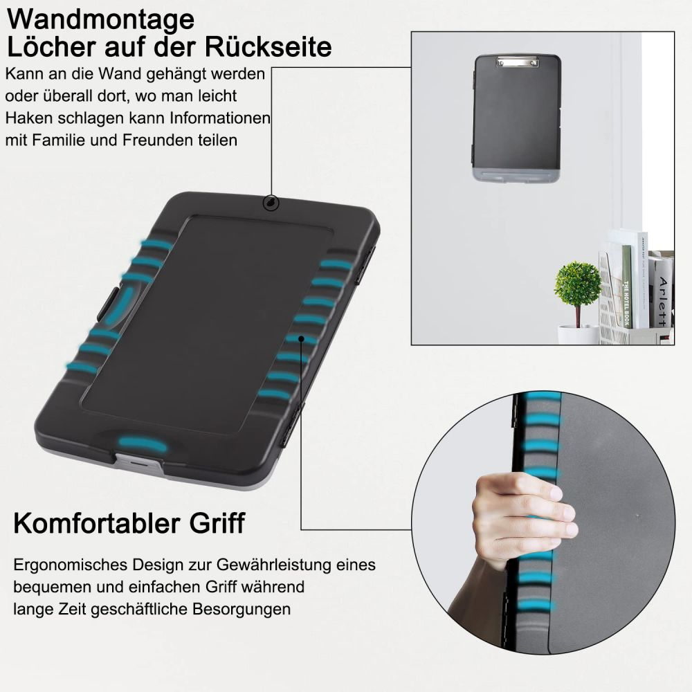 Ein schwarzes, tabletähnliches Gerät mit blauen Akzenten wird im Winkel gezeigt. Text an der Seite zeigt einen komfortablen Griff.