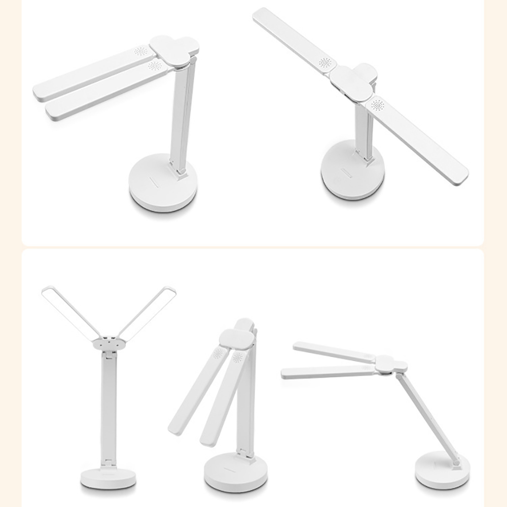Mehrere Ansichten einer weißen Schreibtischlampe mit verstellbaren Lichtpaneelen.