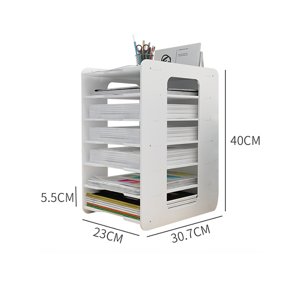 Weißer Büro-Organizer mit Abmessungen: 40 cm Höhe, 23 cm Breite und 30,7 cm Tiefe.