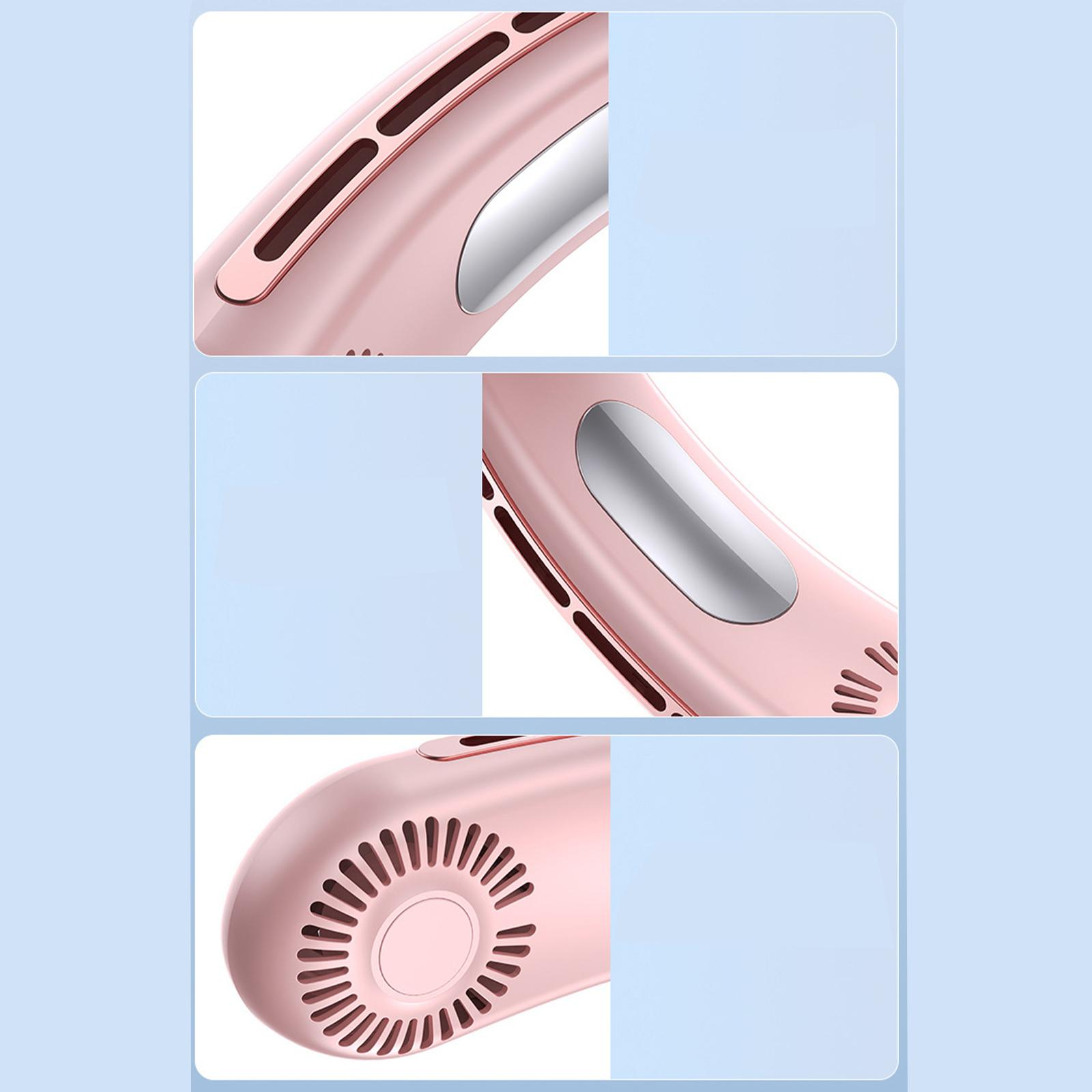 Ein pinkfarbener Nackenventilator mit silberner Mitte und Lüftungsschlitzen.