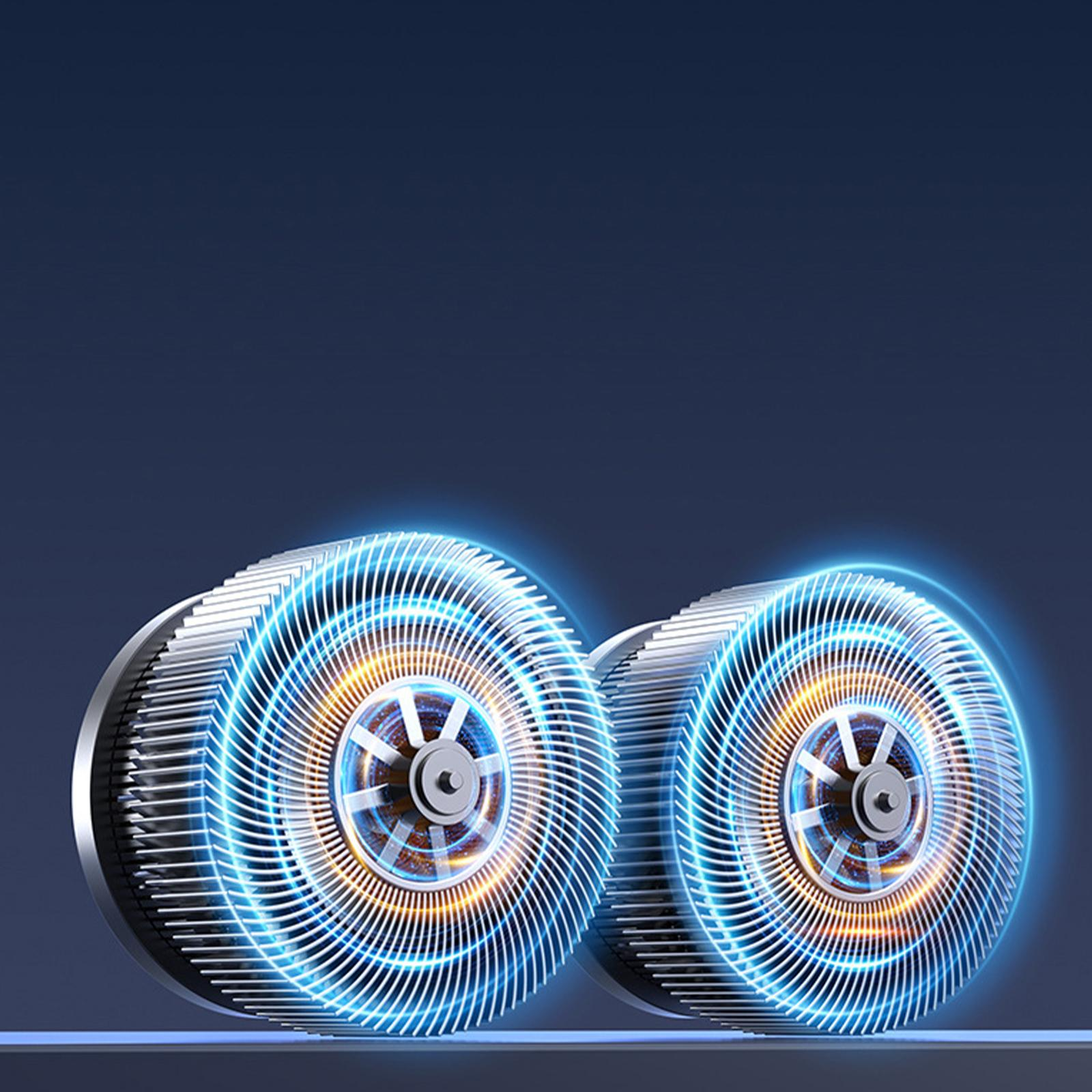 Zwei mechanische Lüfterteile mit blauen, leuchtenden Lichtern im Inneren.