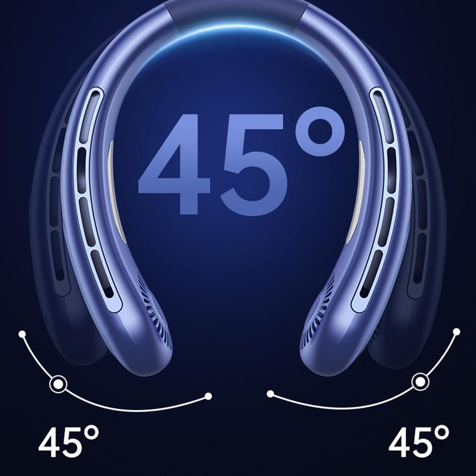 Ein blauer Nackenventilator zeigt auf jeder Seite '45°'. Es ist eine Nahaufnahme auf dunklem blauem Hintergrund.