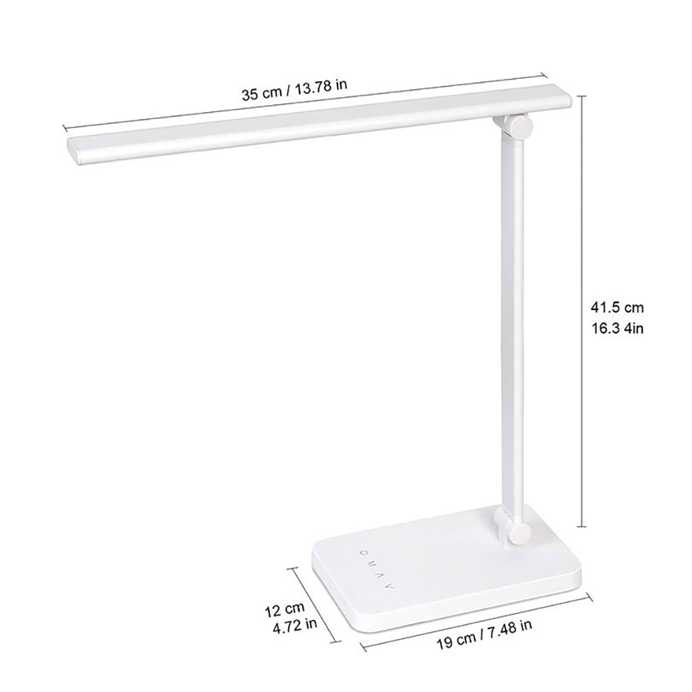 Weiße Schreibtischlampe mit Abmessungen. Die Lampe zeigt einen Fuß, einen vertikalen Arm und eine Lichtleiste.